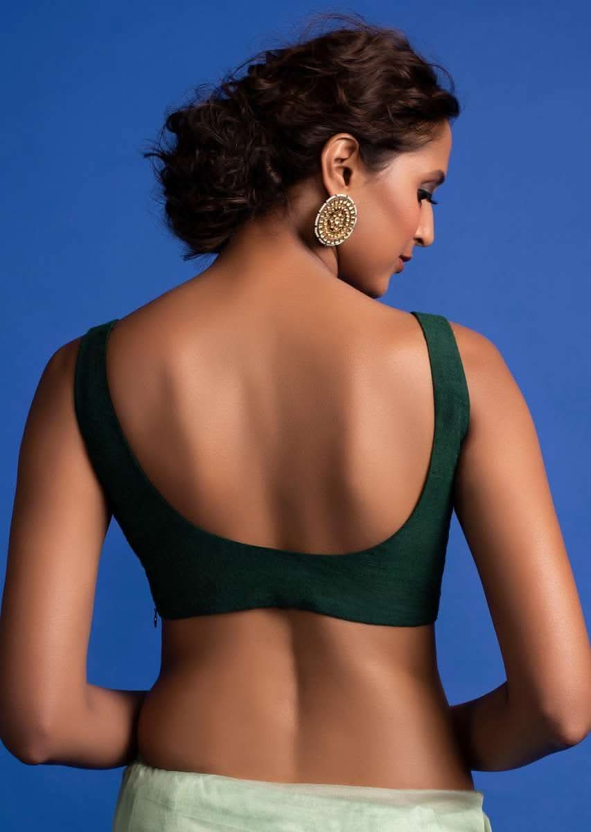 Forest Green Sleeveless Blouse In Raw Silk With Scoop Neckline - Image 2