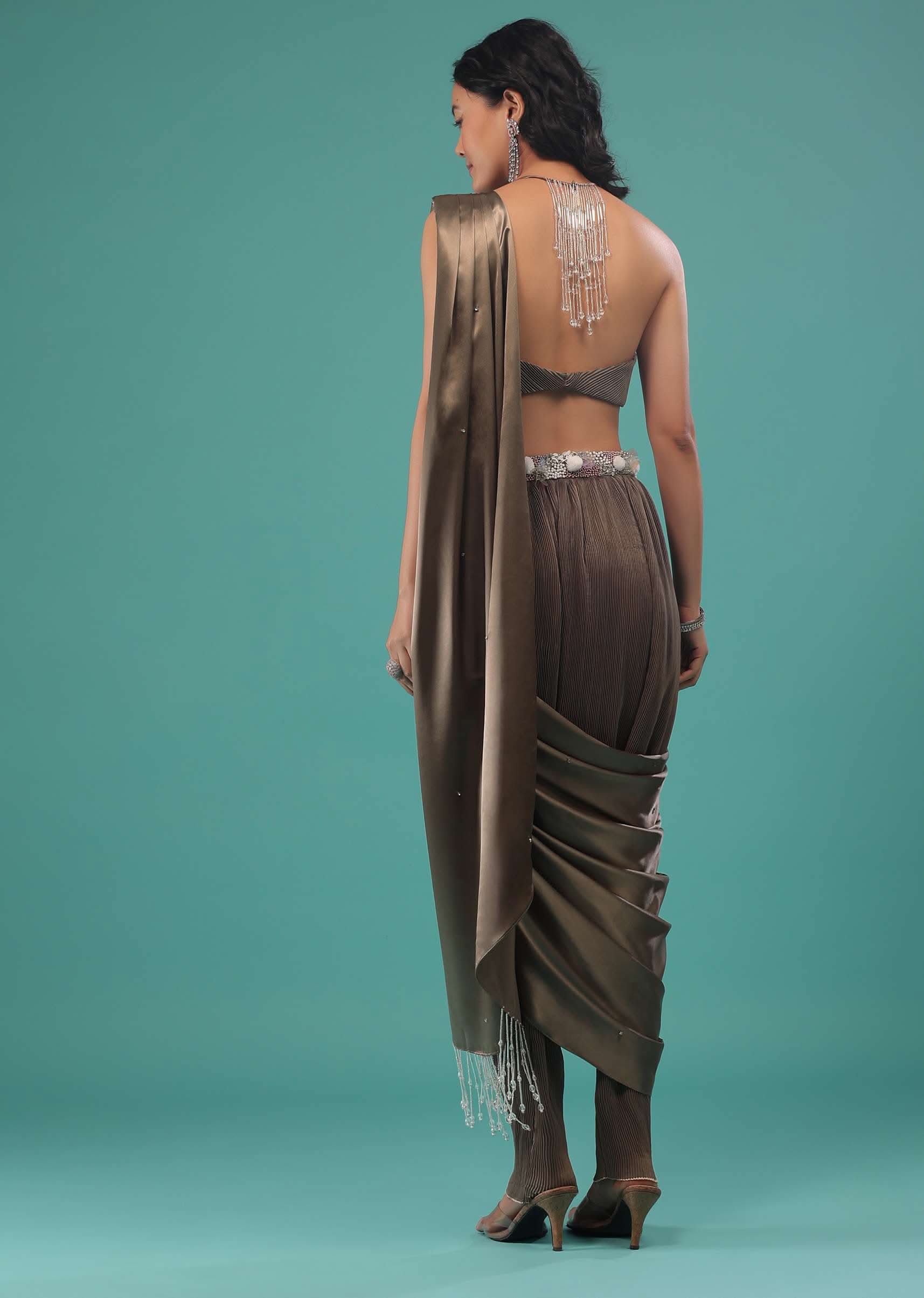 Fossil Brown Ready To Wear Dhoti Saree In Knitted Pleated Fabric - Image 2