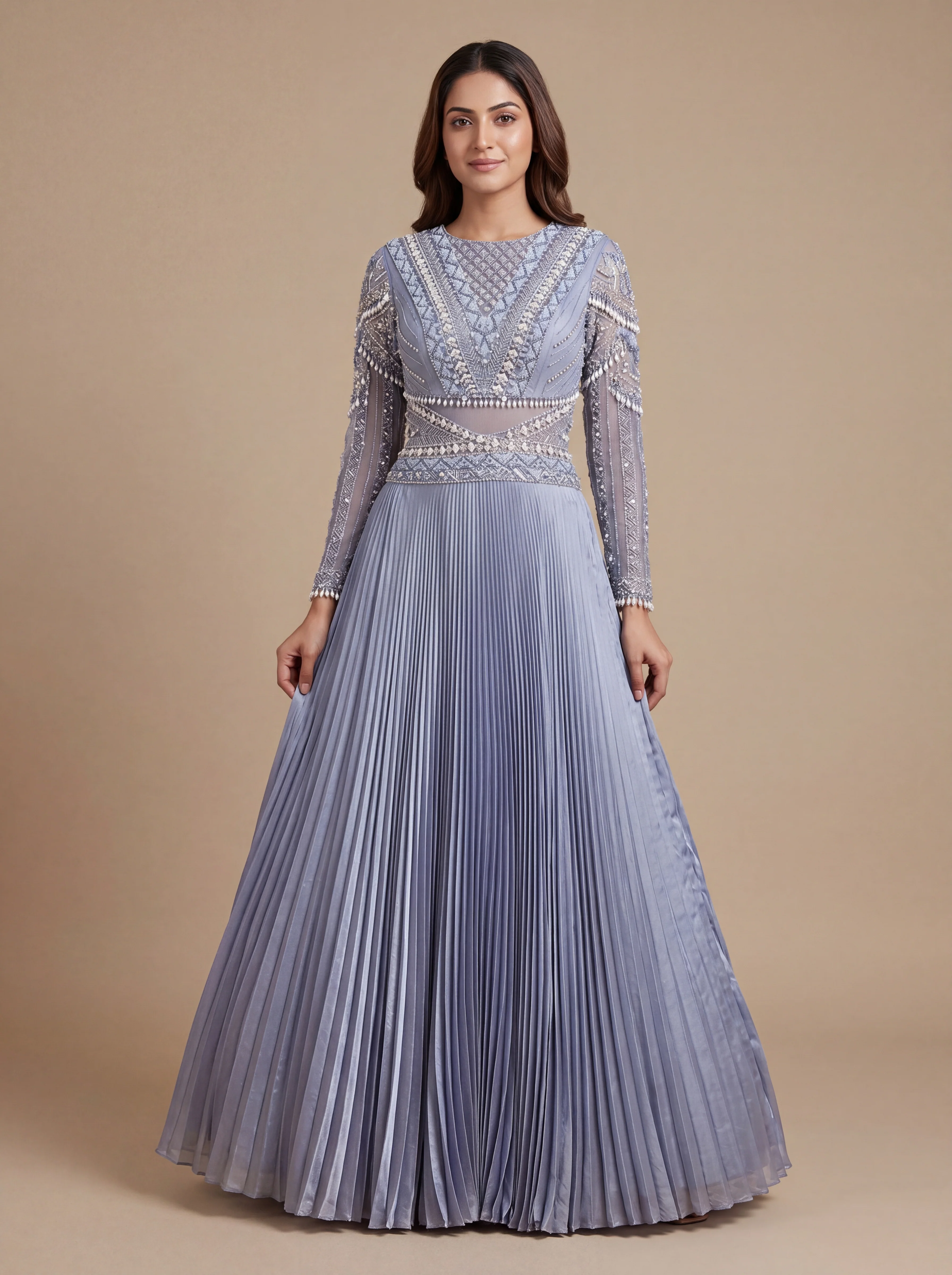 Fossil Grey Contemporary Gown With Sheer FullSleeve Elegance