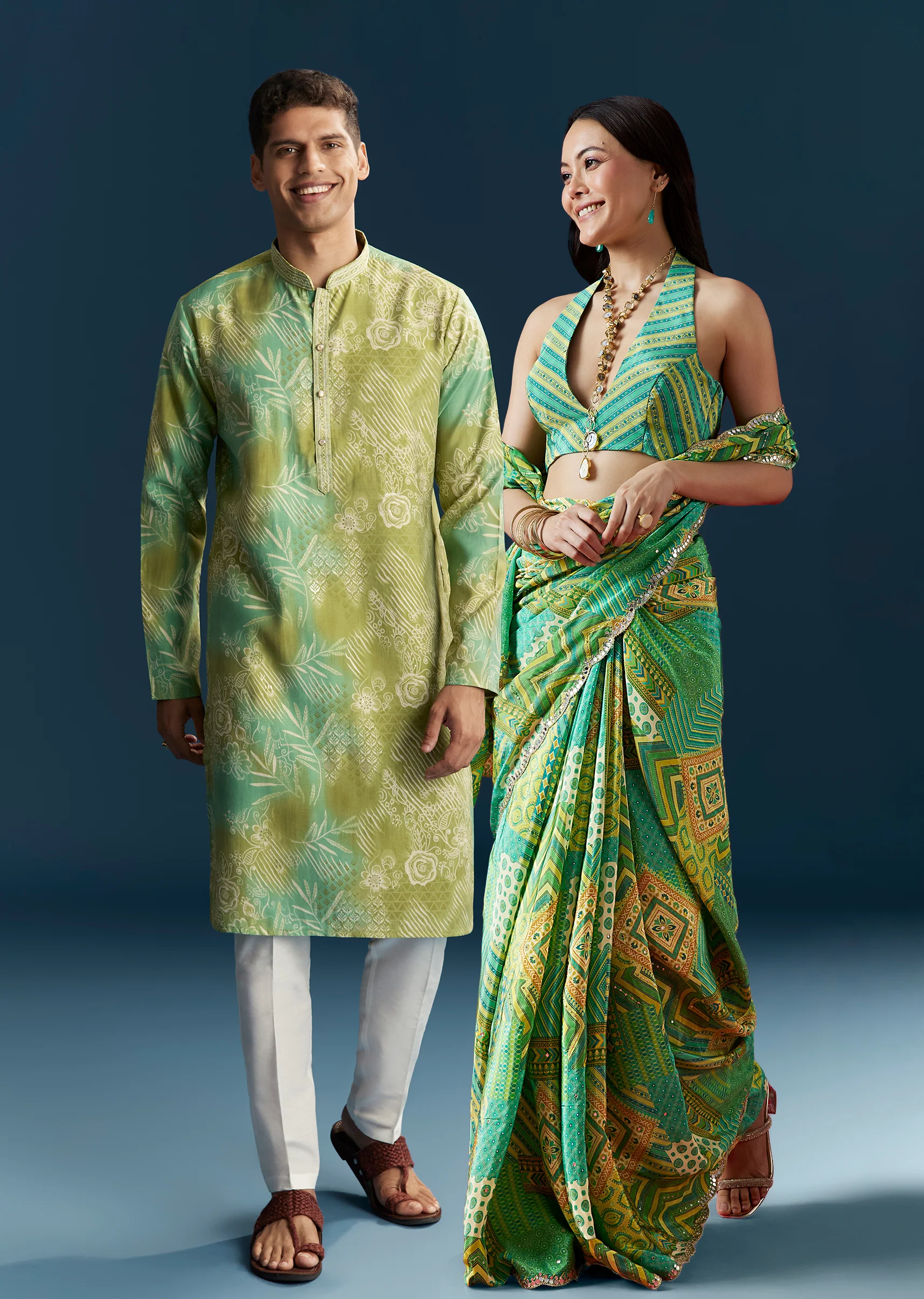 Fresh Green Pair – Printed Saree For Her And Printed Kurta Set For Him