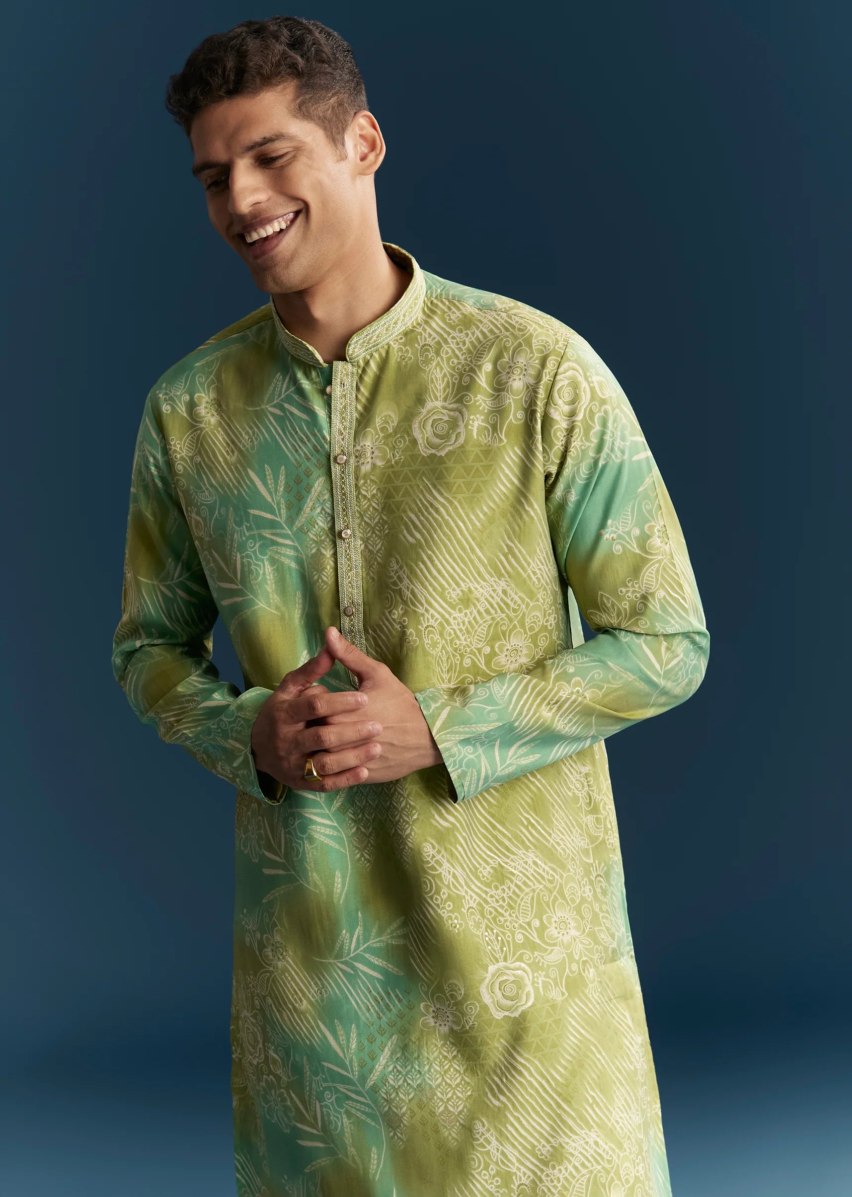 Fresh Green Pair – Printed Saree For Her And Printed Kurta Set For Him - Image 11