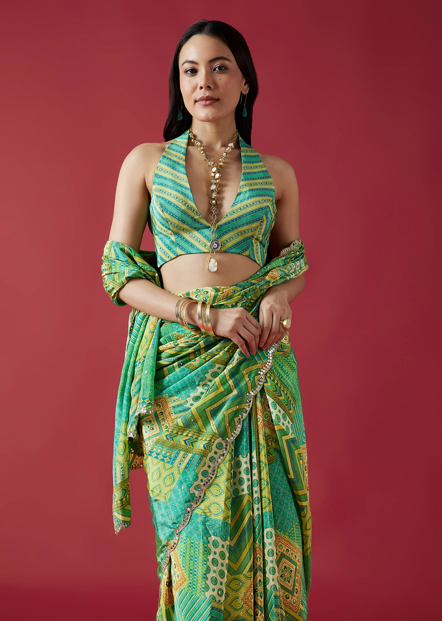 Fresh Green Pair – Printed Saree For Her And Printed Kurta Set For Him - Image 2