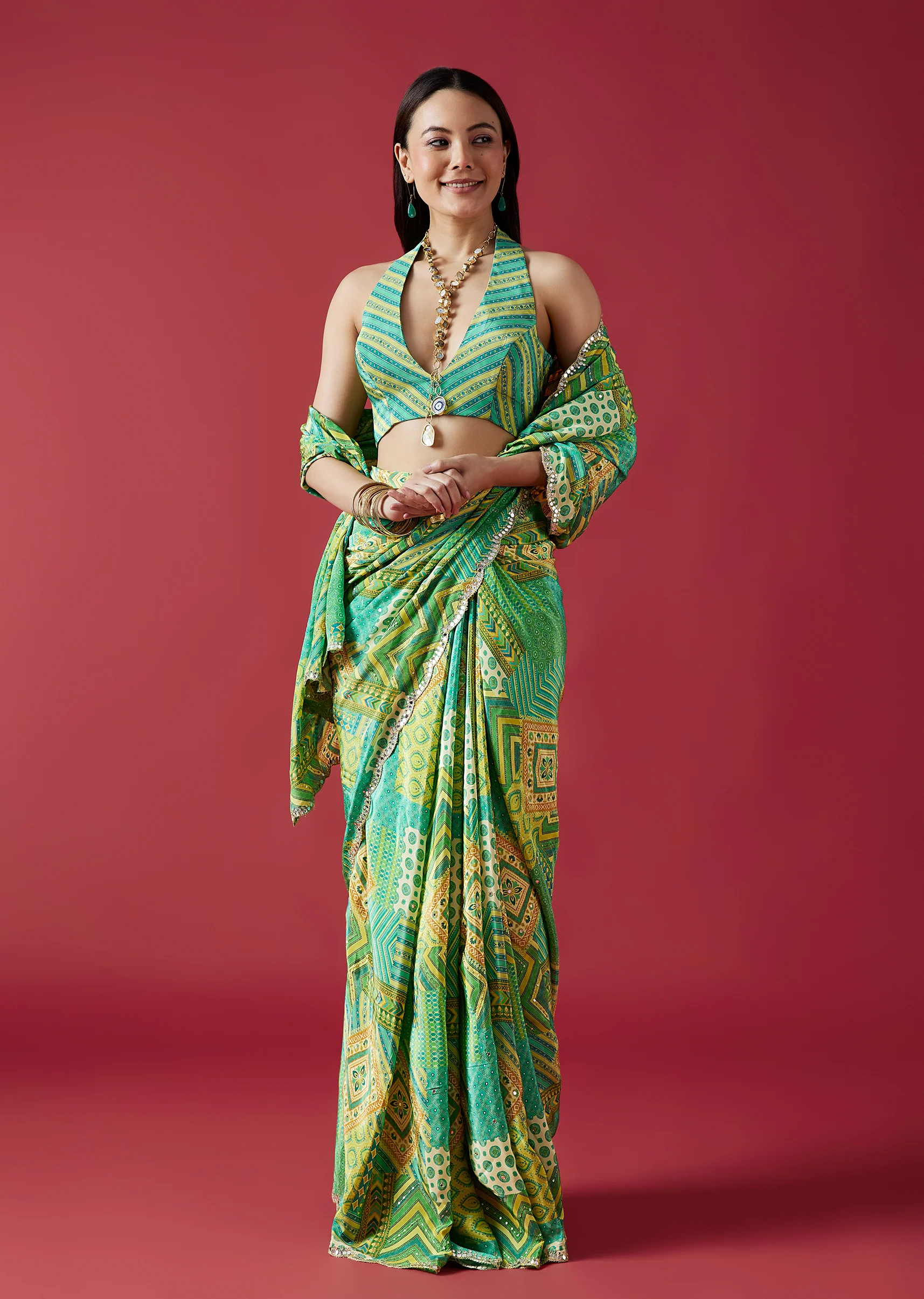 Fresh Green Pair – Printed Saree For Her And Printed Kurta Set For Him - Image 4