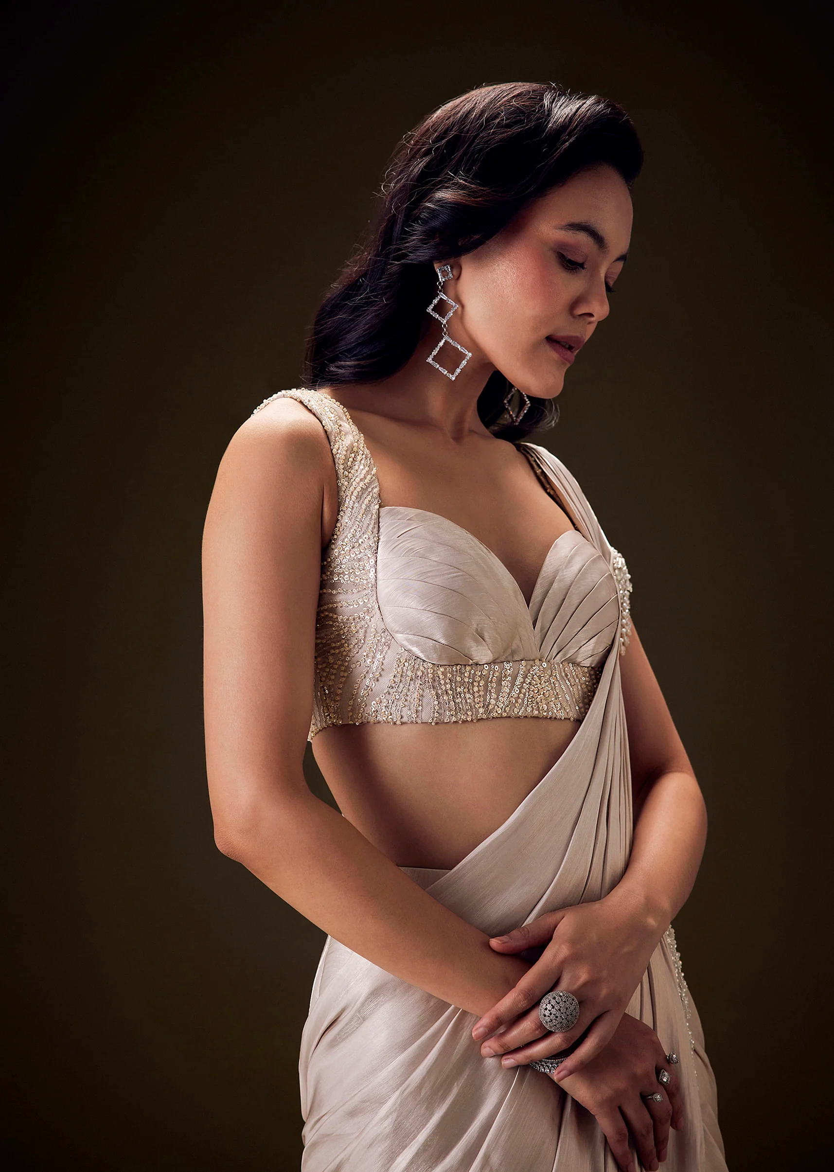 Frosted Ivory Satin Ruffled Ready Pleated Saree - Image 2