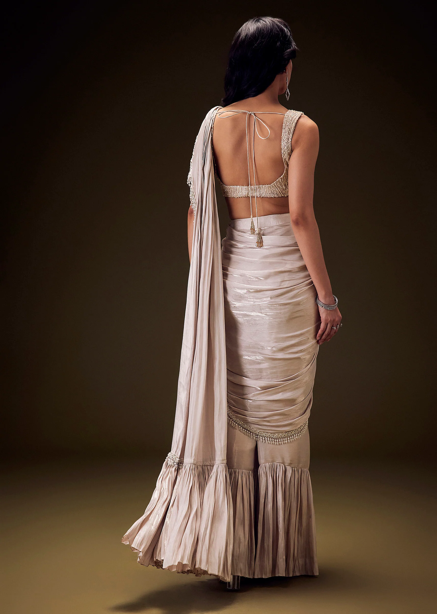 Frosted Ivory Satin Ruffled Ready Pleated Saree - Image 5