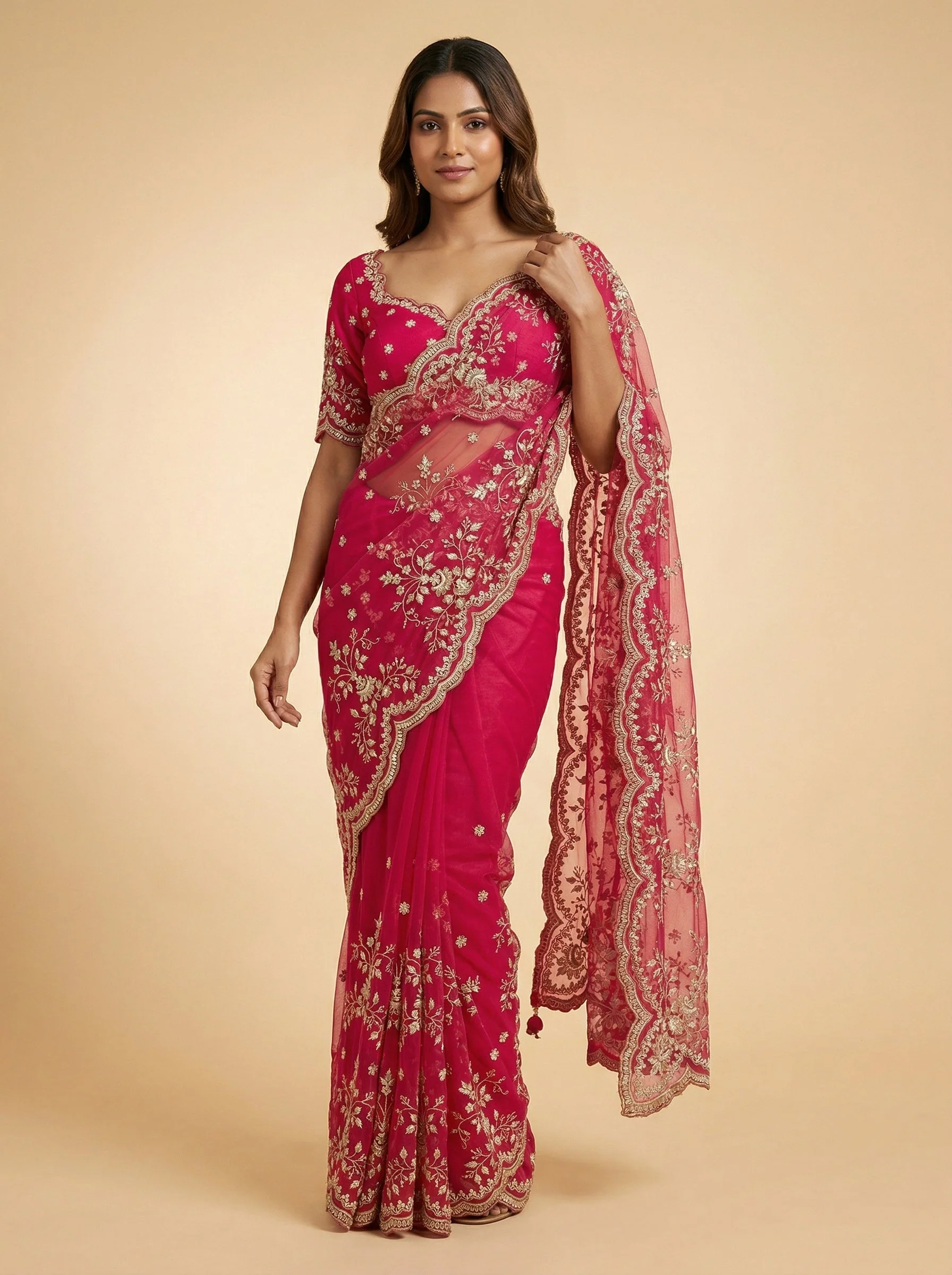 Fuchsia Rani Bloom Embroidered Saree