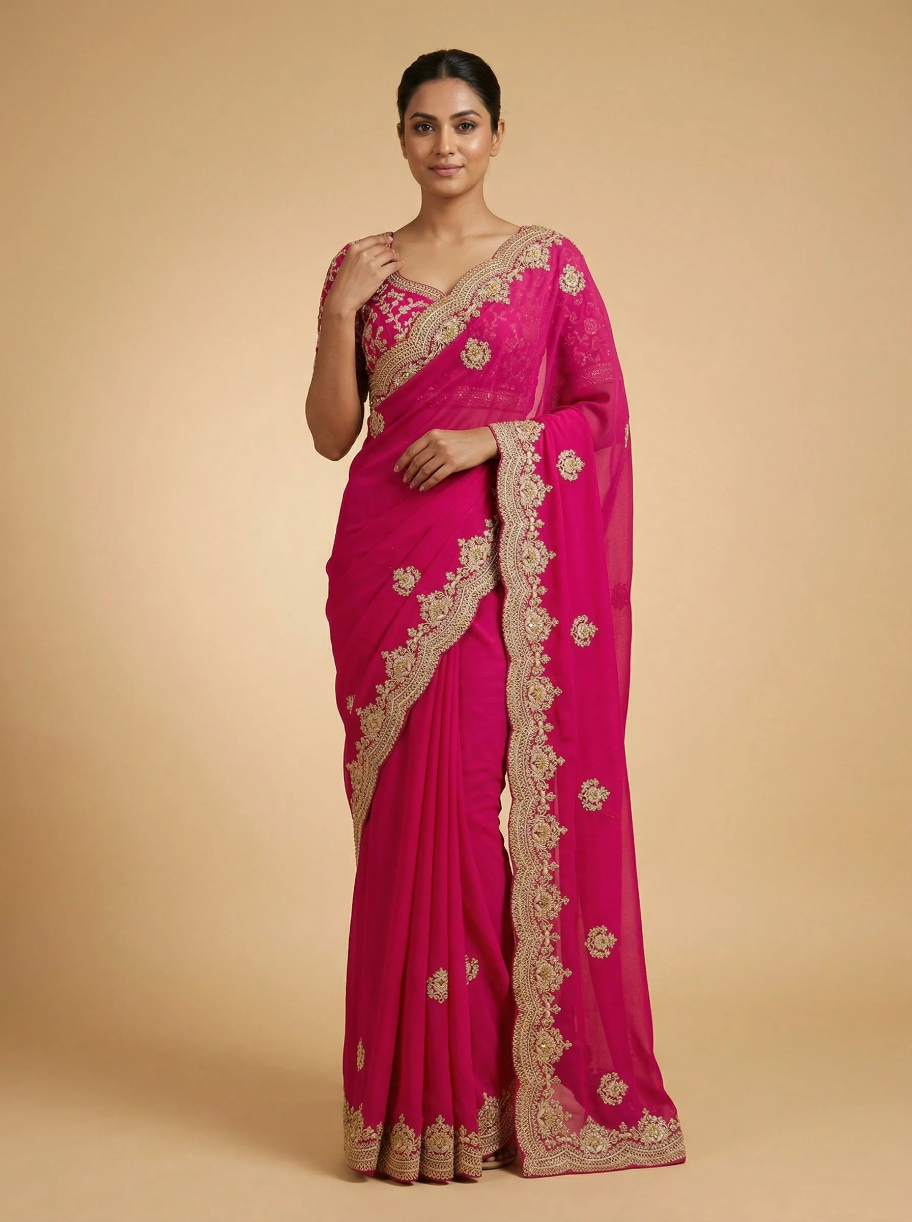 Fuchsia Rani Embroidered Saree