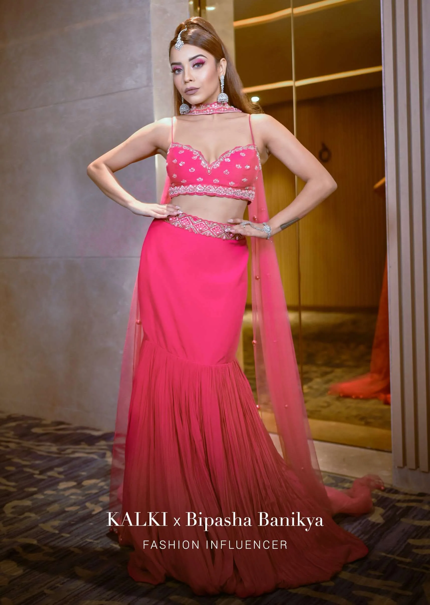 Fuschia Pink Lehenga And Hand Embroidered Blouse Set In Crepe - Image 6