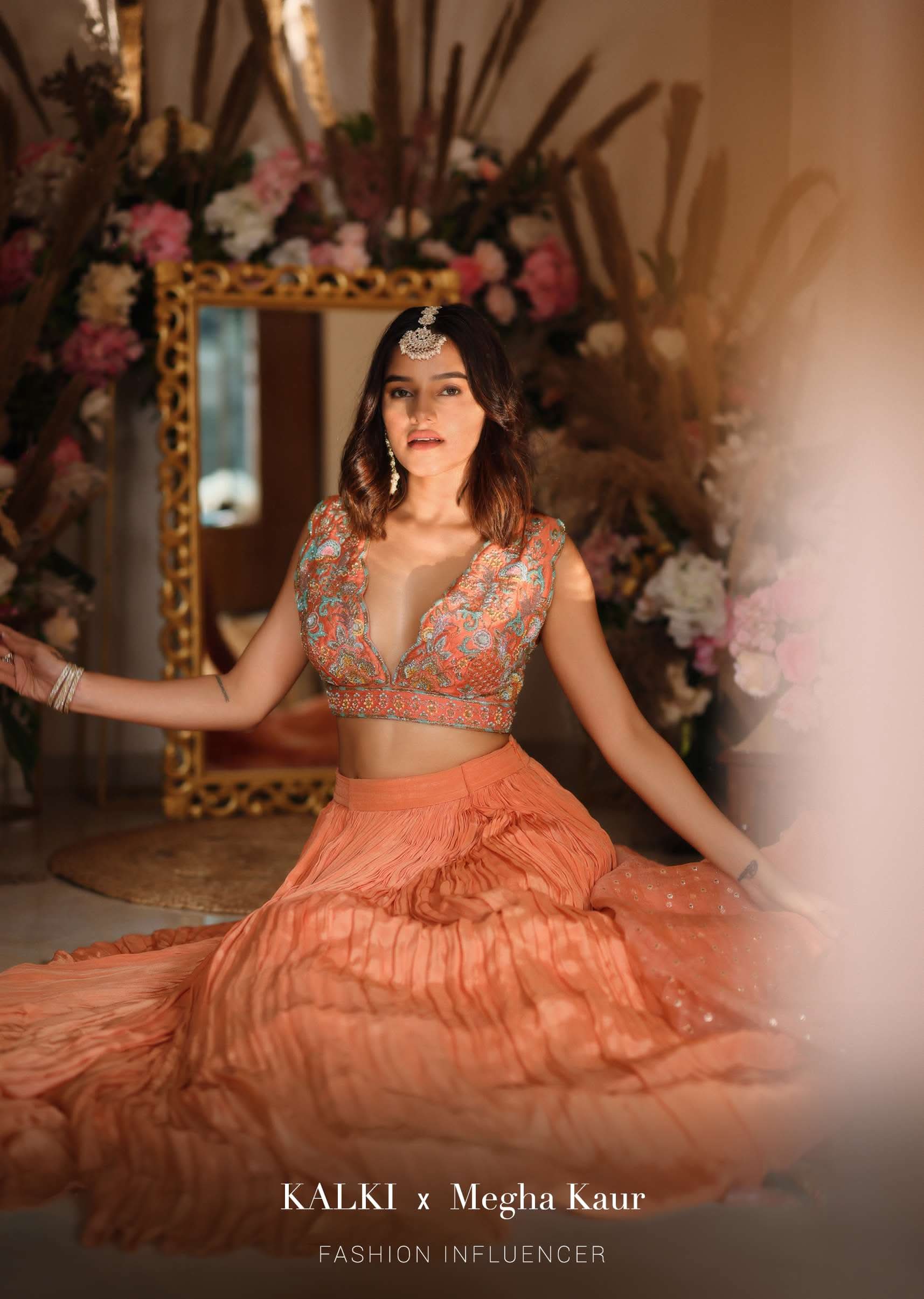 Fusion Coral Skirt In Crepe With Hand Embroidered Raw Silk Choli With Plunging Neckline - Image 5