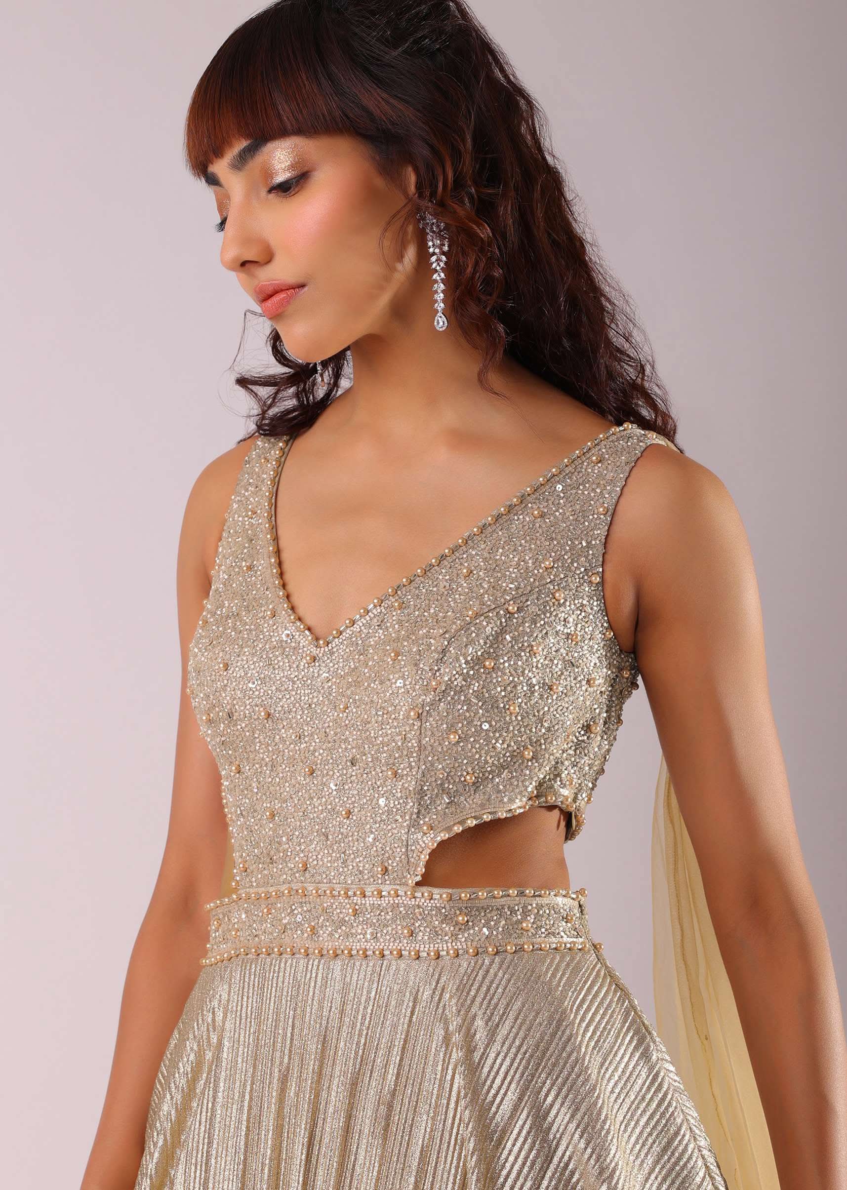 Glam Gold Embroidered Gown In Knit Fabric With Net Trail Wings - Image 4