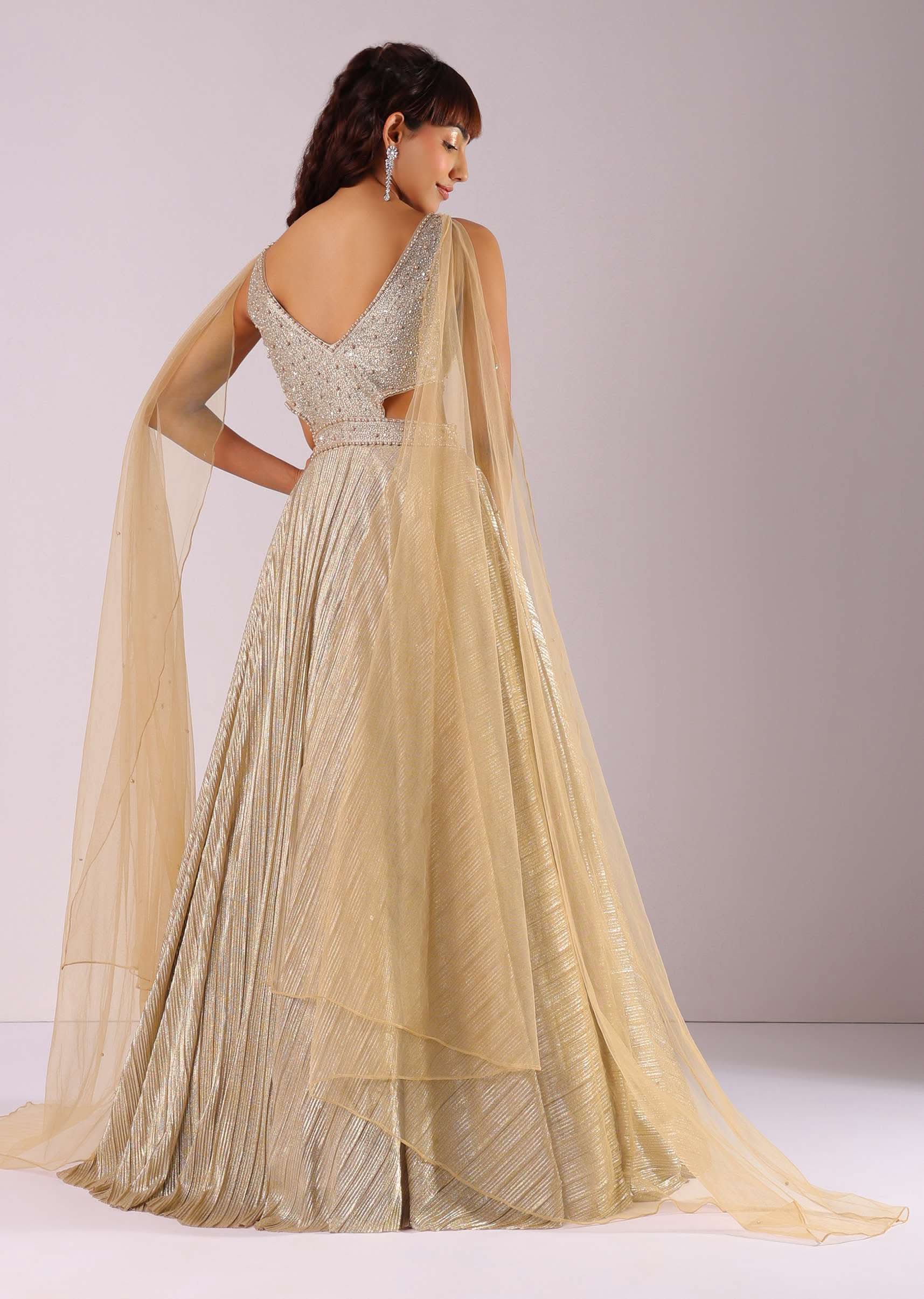 Glam Gold Embroidered Gown In Knit Fabric With Net Trail Wings - Image 5