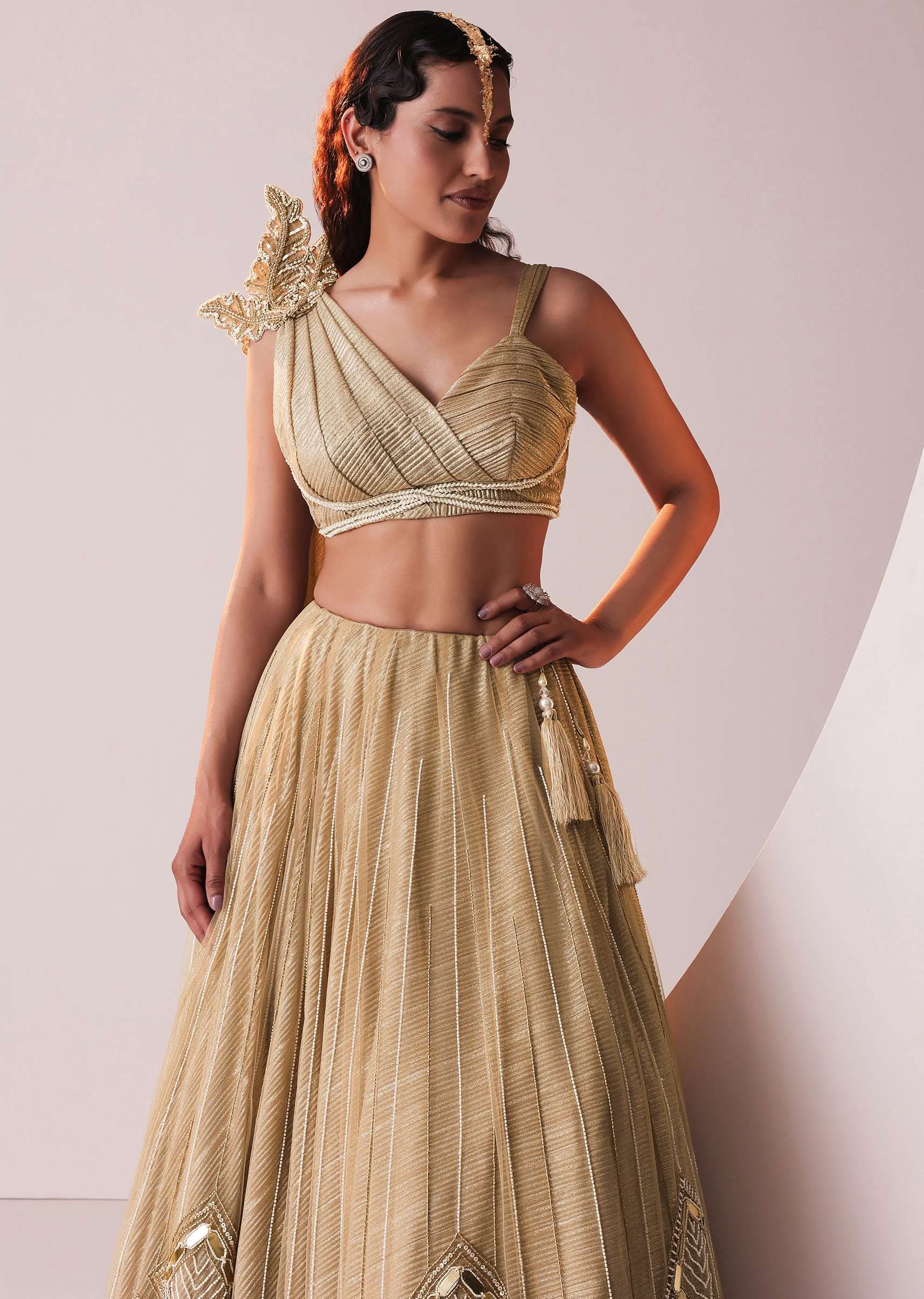 Glam Gold Embroidered Lehenga Set In Knit Stretchable Fabric - Image 2