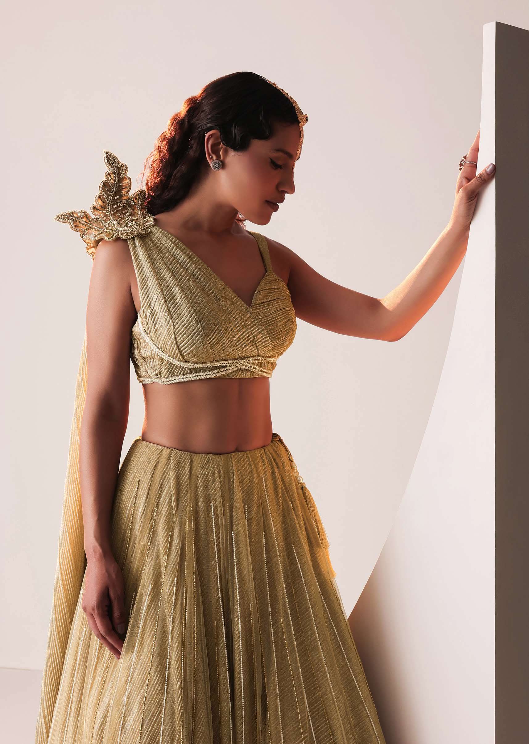 Glam Gold Embroidered Lehenga Set In Knit Stretchable Fabric - Image 5