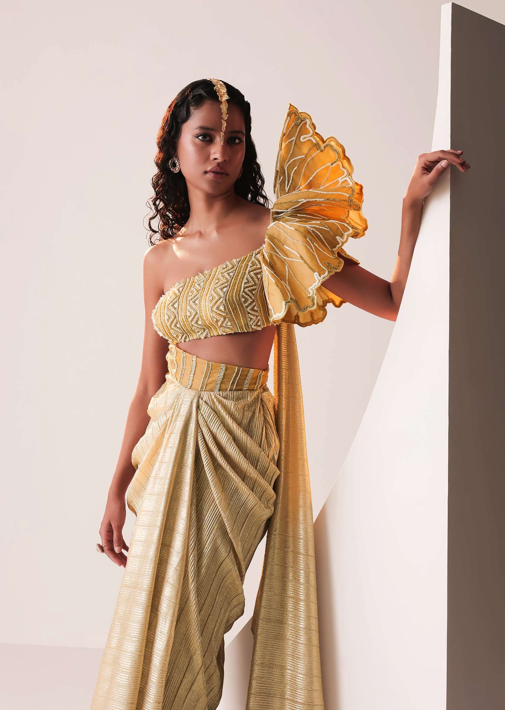Glam Gold Gown In Knit Strechable Fabric With Embroidery - Image 2