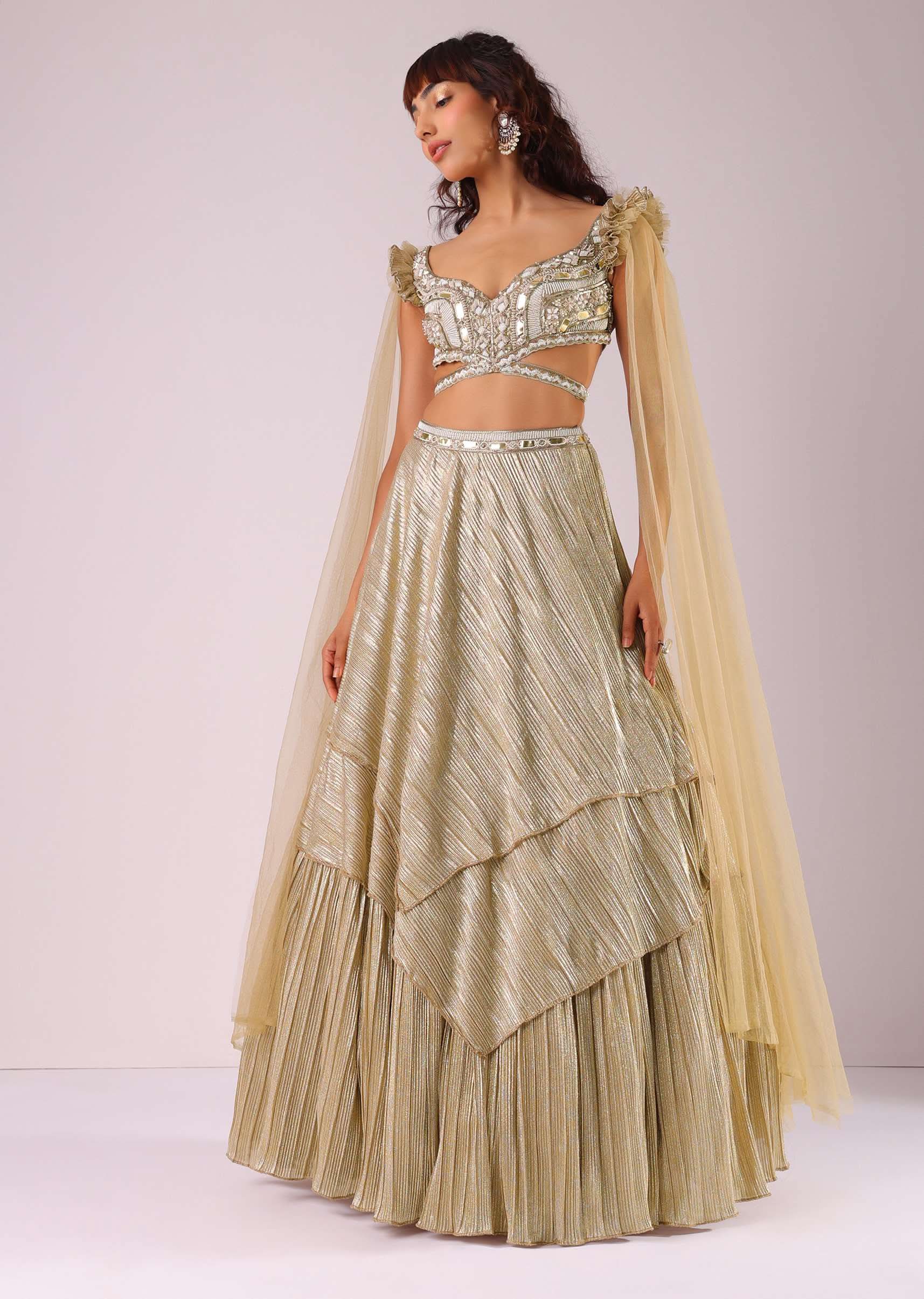 Glam Gold Lehenga Set In Foil Knit Fabric With Embroidered Blouse - Image 3