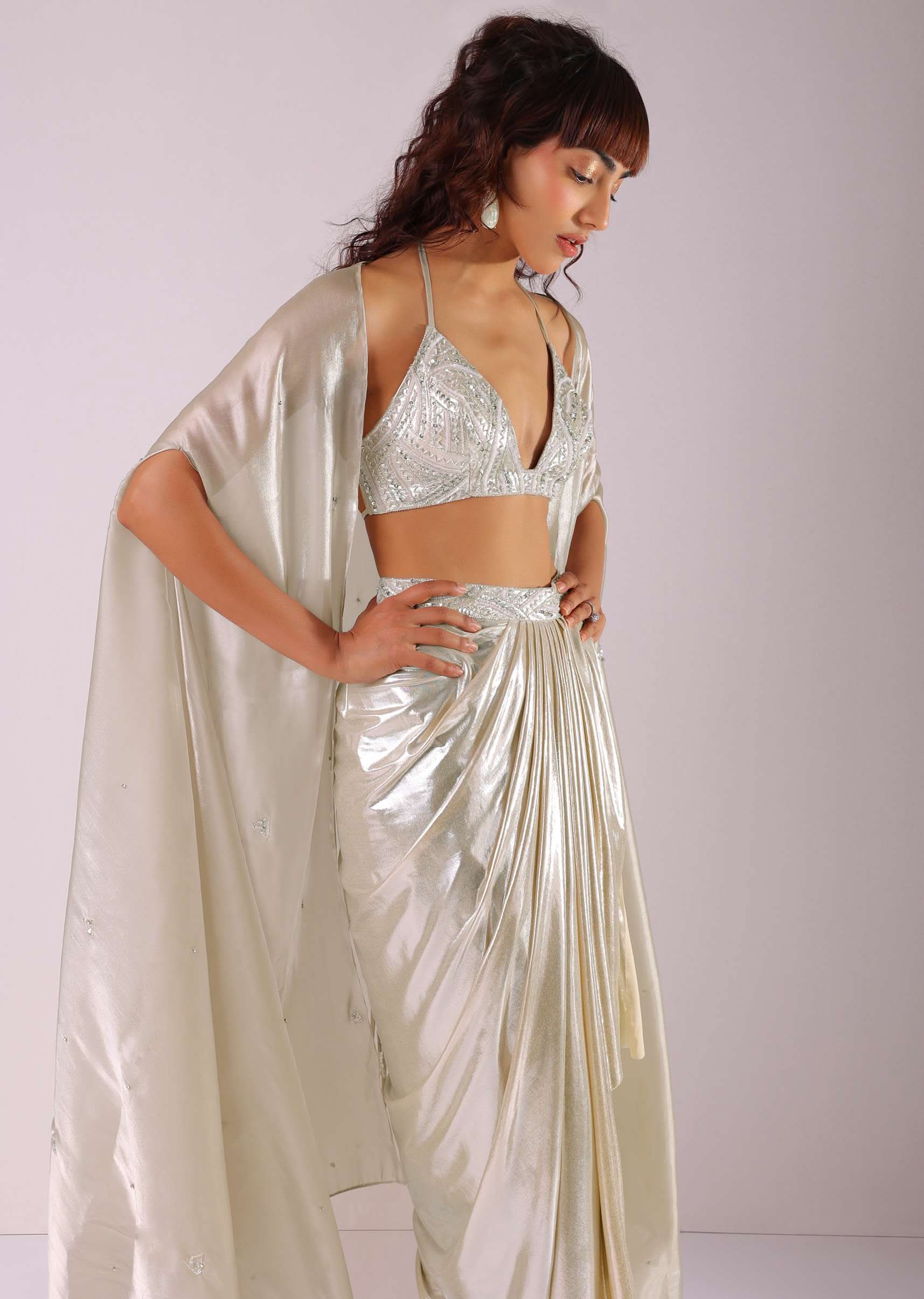 Glam Silver Embroidered Pleated Skirt And Blouse In Lycra With Organza Shrug - Image 2