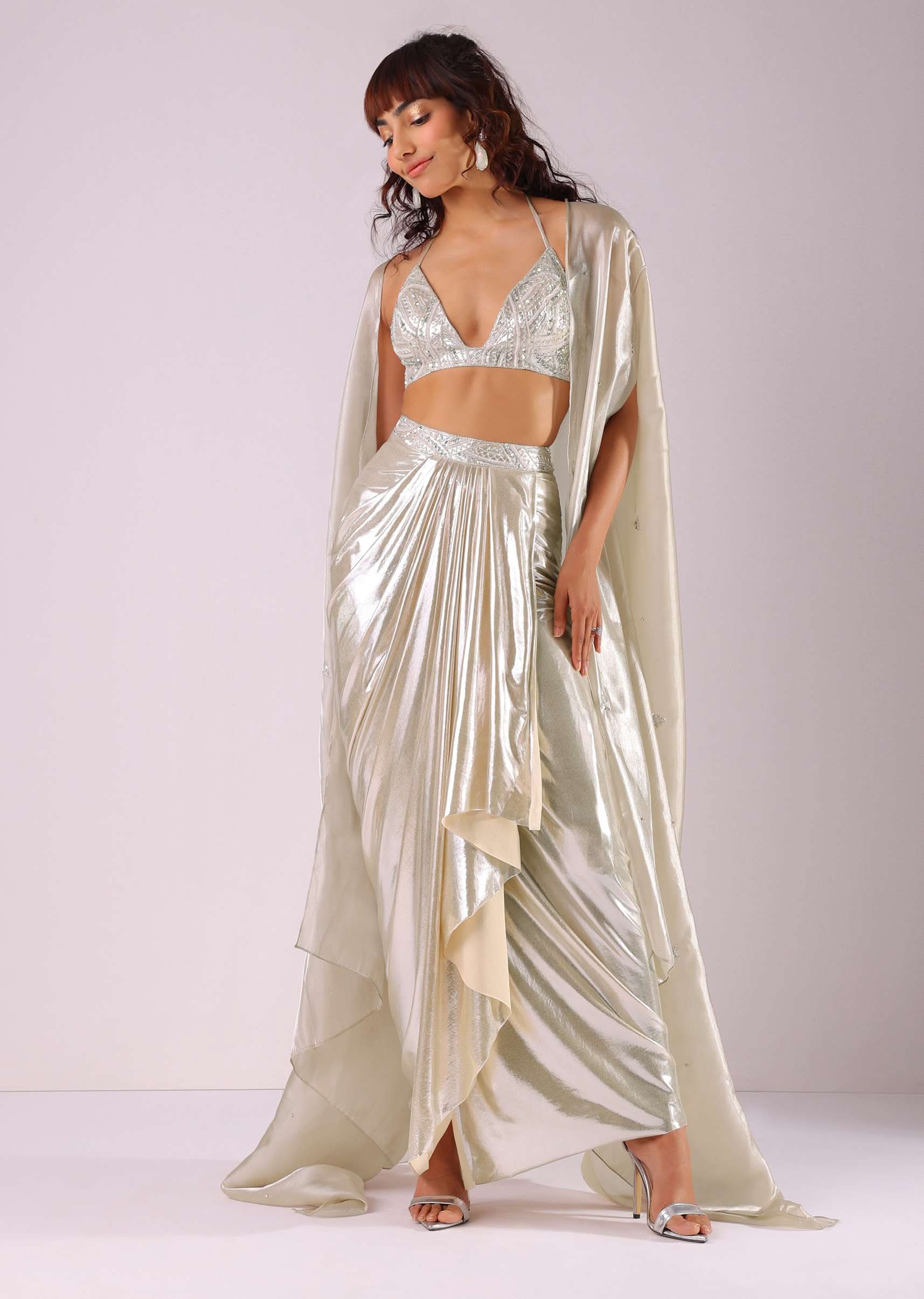 Glam Silver Embroidered Pleated Skirt And Blouse In Lycra With Organza Shrug - Image 3