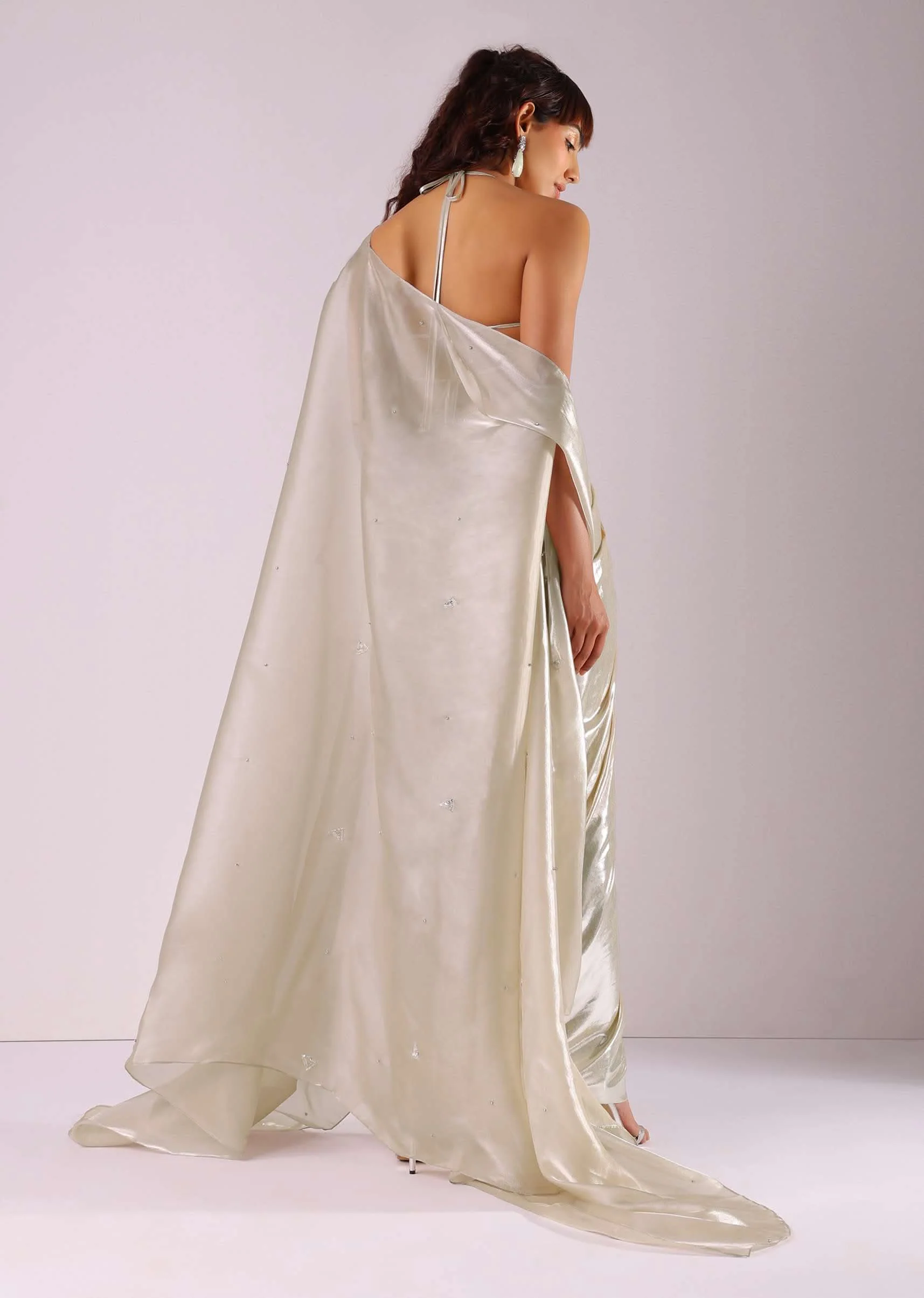 Glam Silver Embroidered Pleated Skirt And Blouse In Lycra With Organza Shrug - Image 5