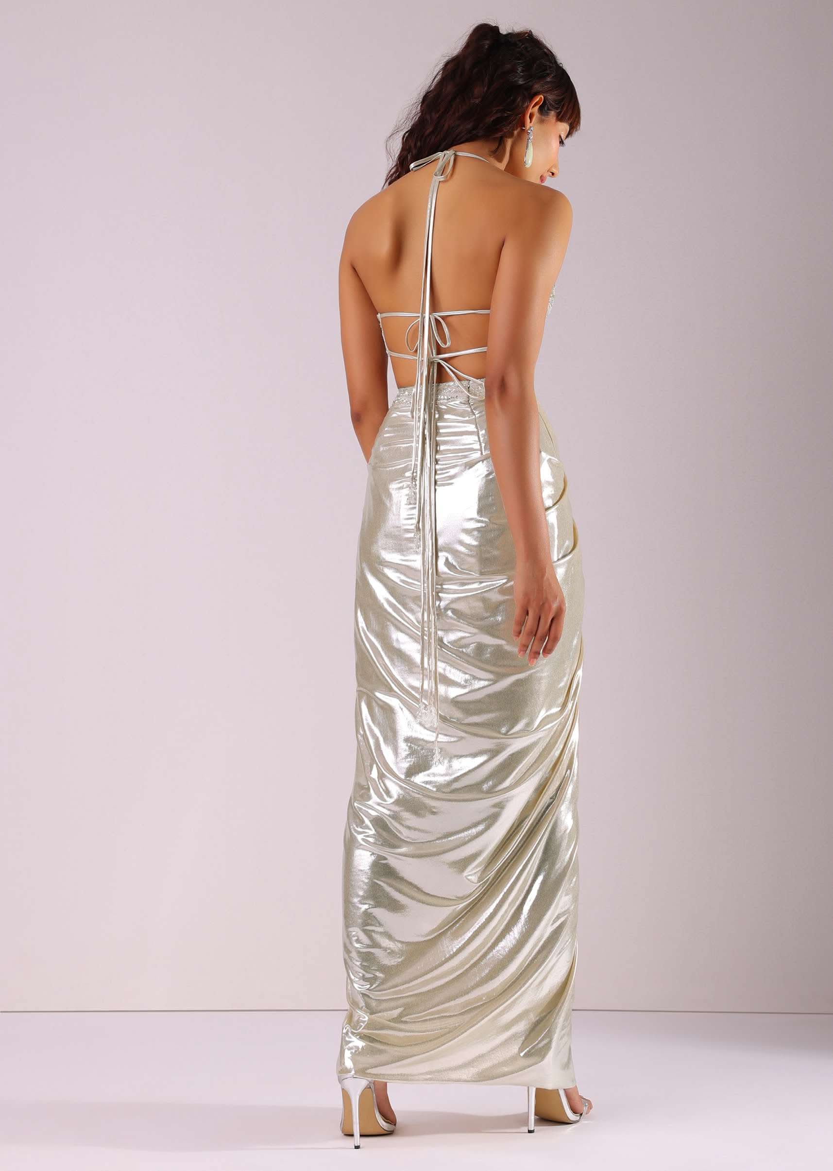 Glam Silver Embroidered Pleated Skirt And Blouse In Lycra With Organza Shrug - Image 7