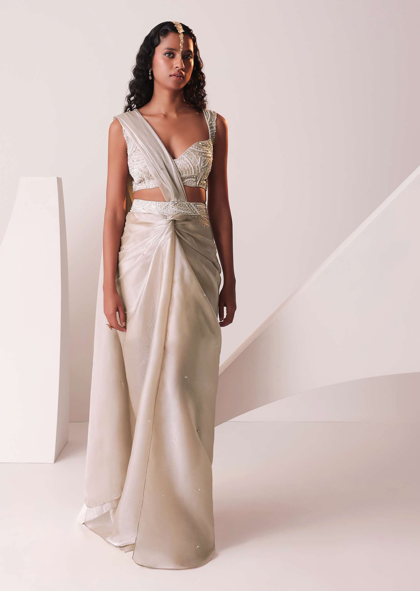 Glam Silver Embroidered Ready To Wear Saree In Organza - Image 3