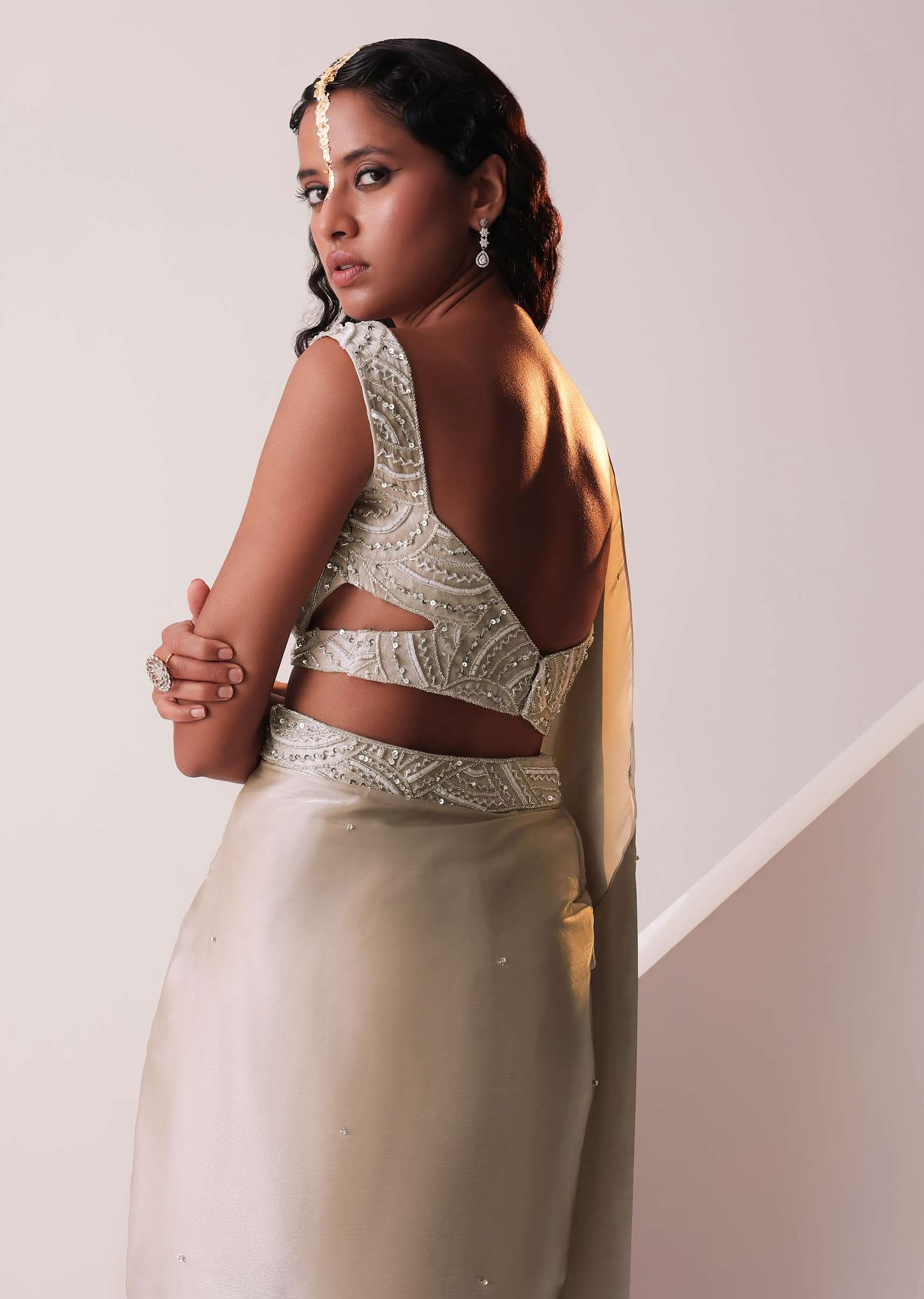 Glam Silver Embroidered Ready To Wear Saree In Organza - Image 4