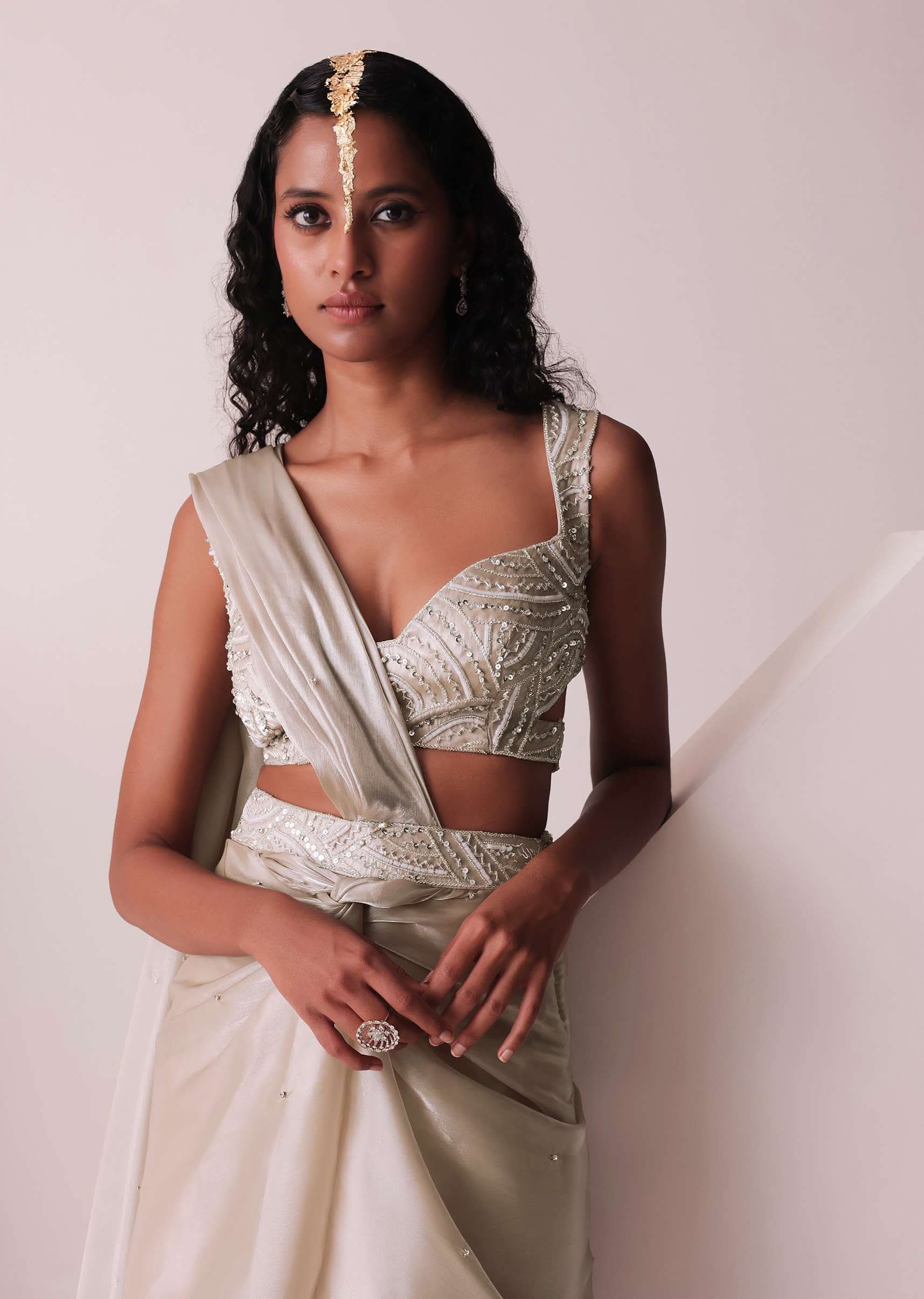 Glam Silver Embroidered Ready To Wear Saree In Organza - Image 5