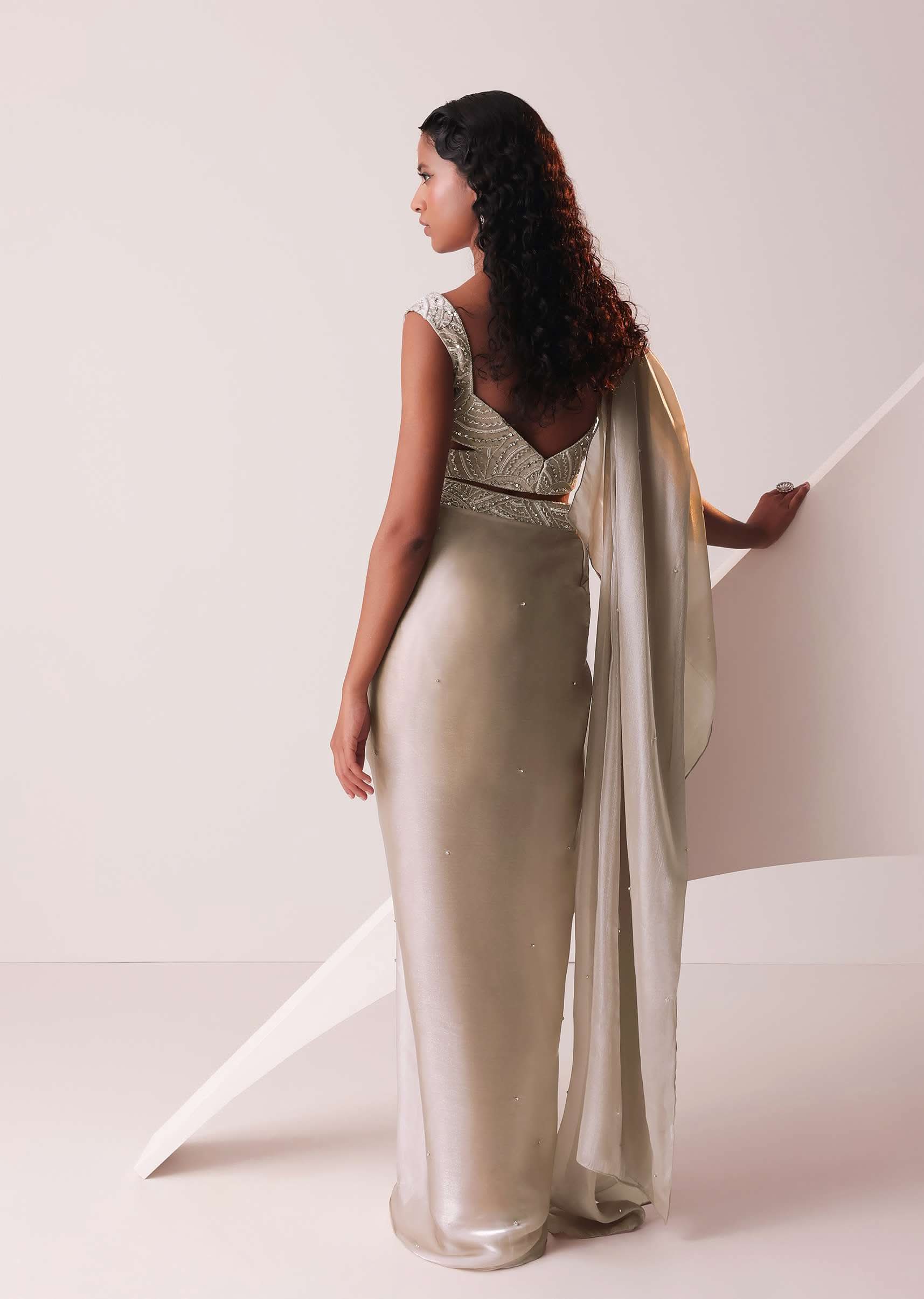 Glam Silver Embroidered Ready To Wear Saree In Organza - Image 6