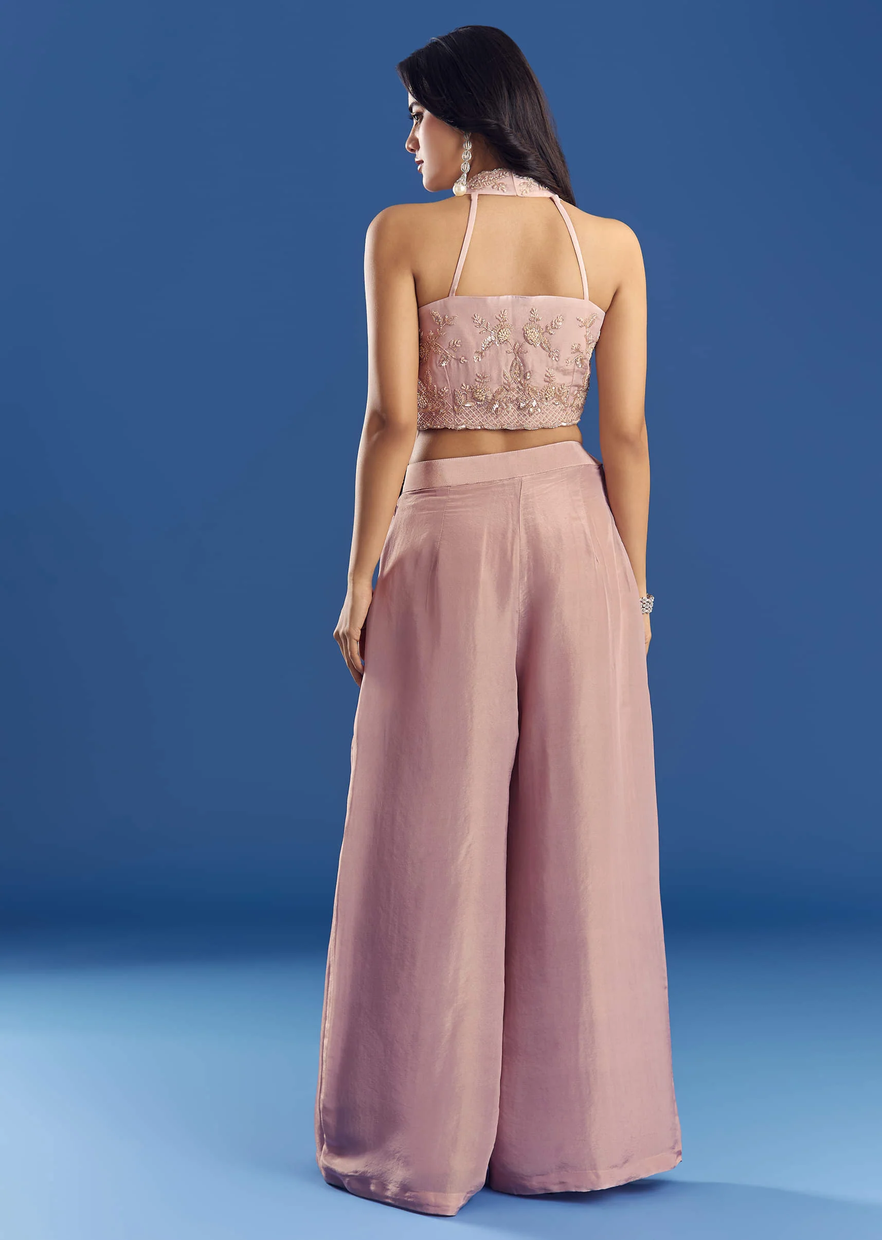 Gleaming Tissue Croptop And Palazzo Set With Beadwork - Image 5