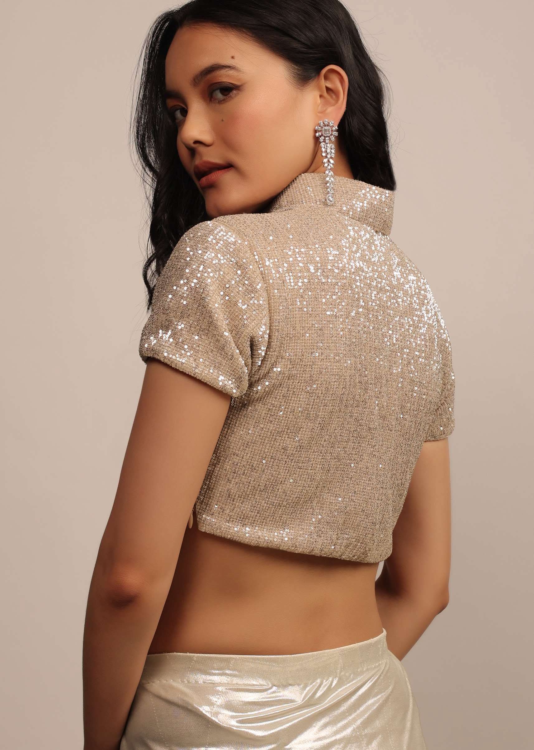 Glittery Golden Blouse In Sequins And A Collared V Neckline - Image 2