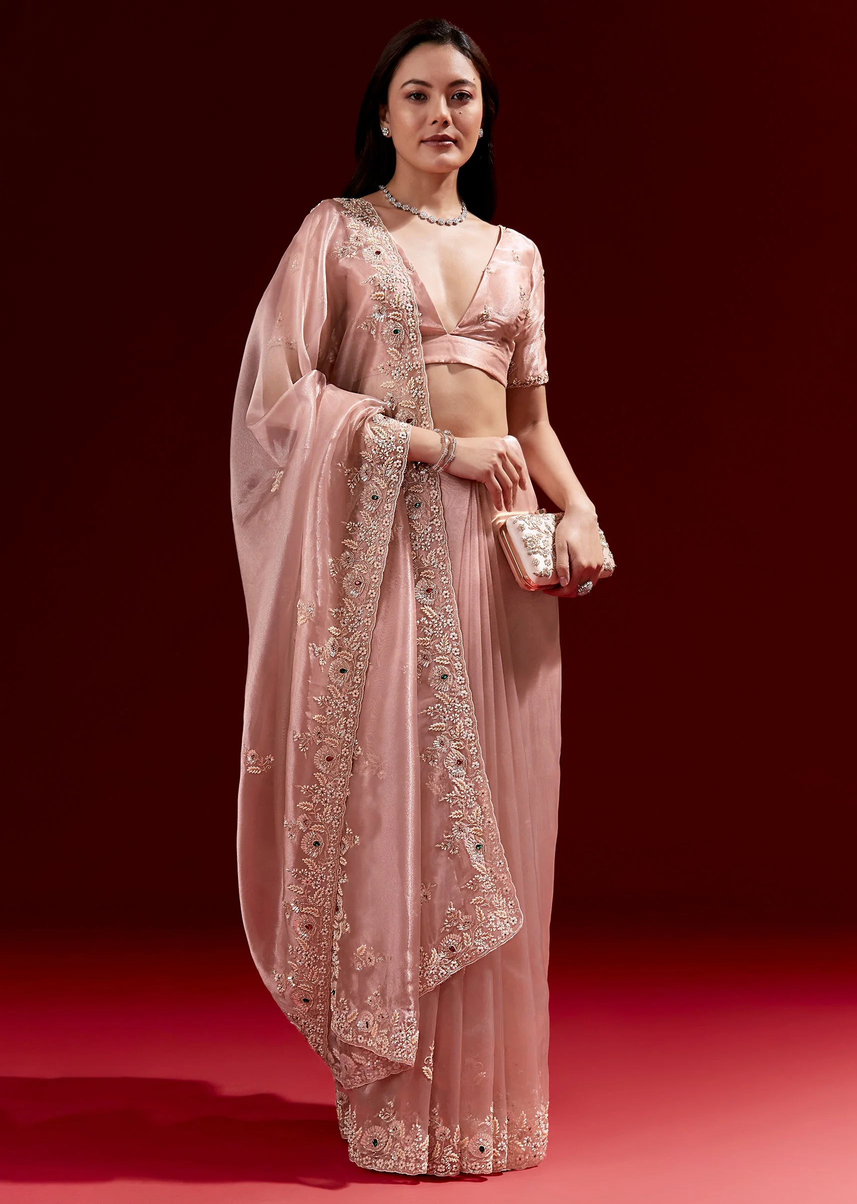 Glossy Peach Tissue Saree With Heavy Embroidered Scalloped Border And Stone Highlights - Image 3