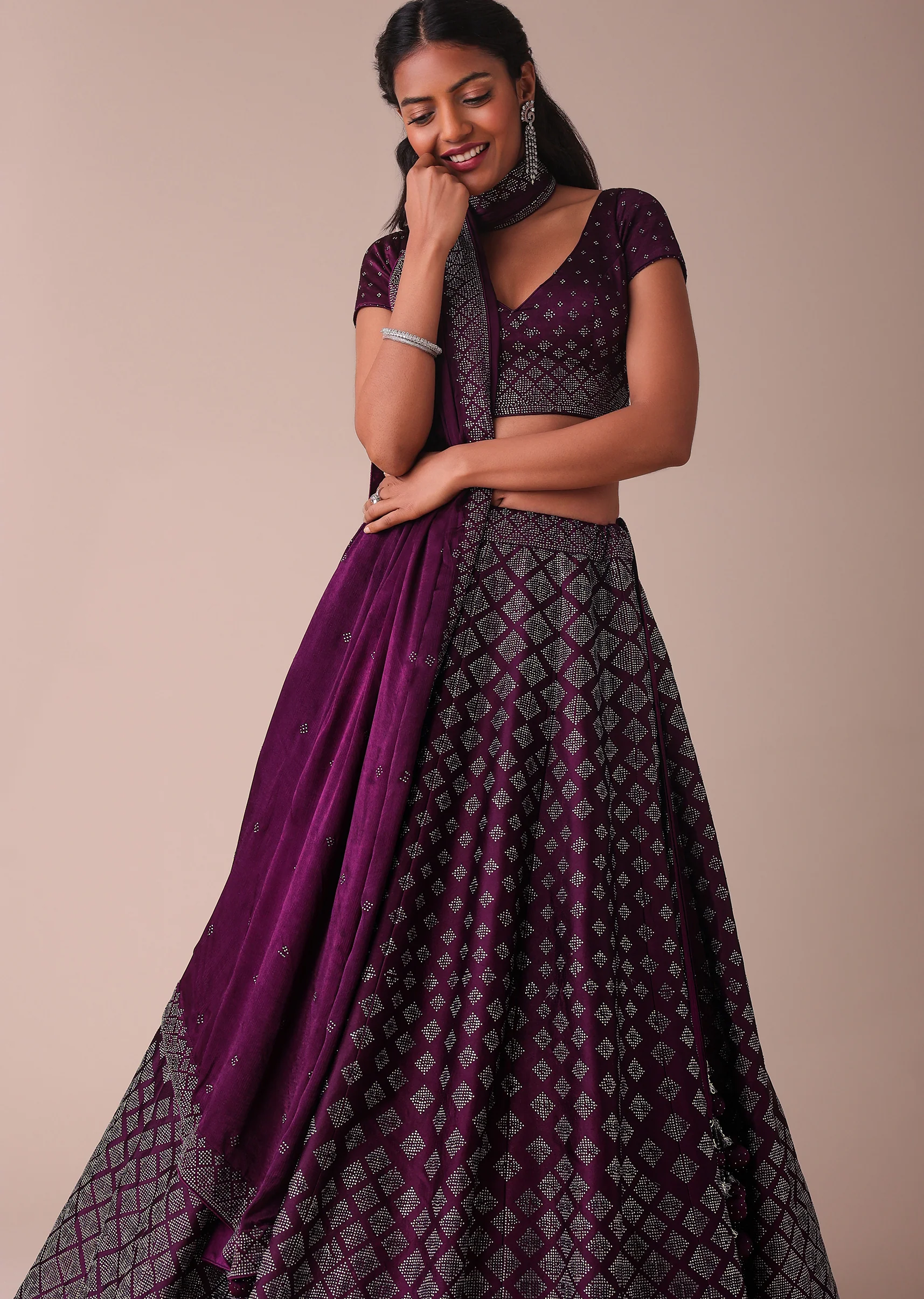 Plum Purple Swarovski Embellished Lehenga In Wrinkle Satin - Image 2