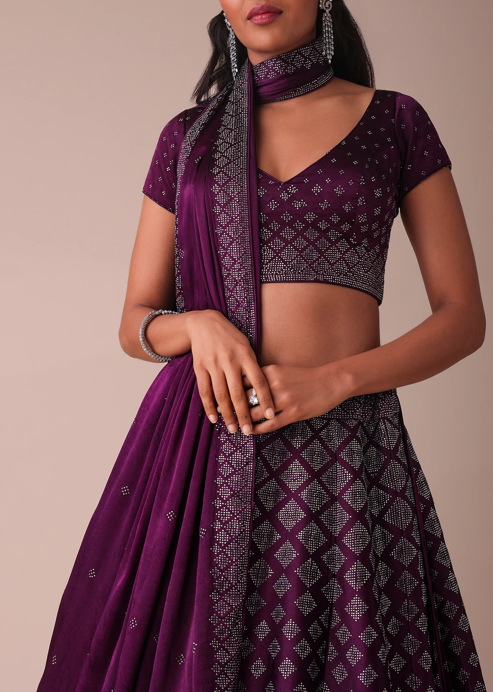 Plum Purple Swarovski Embellished Lehenga In Wrinkle Satin - Image 3
