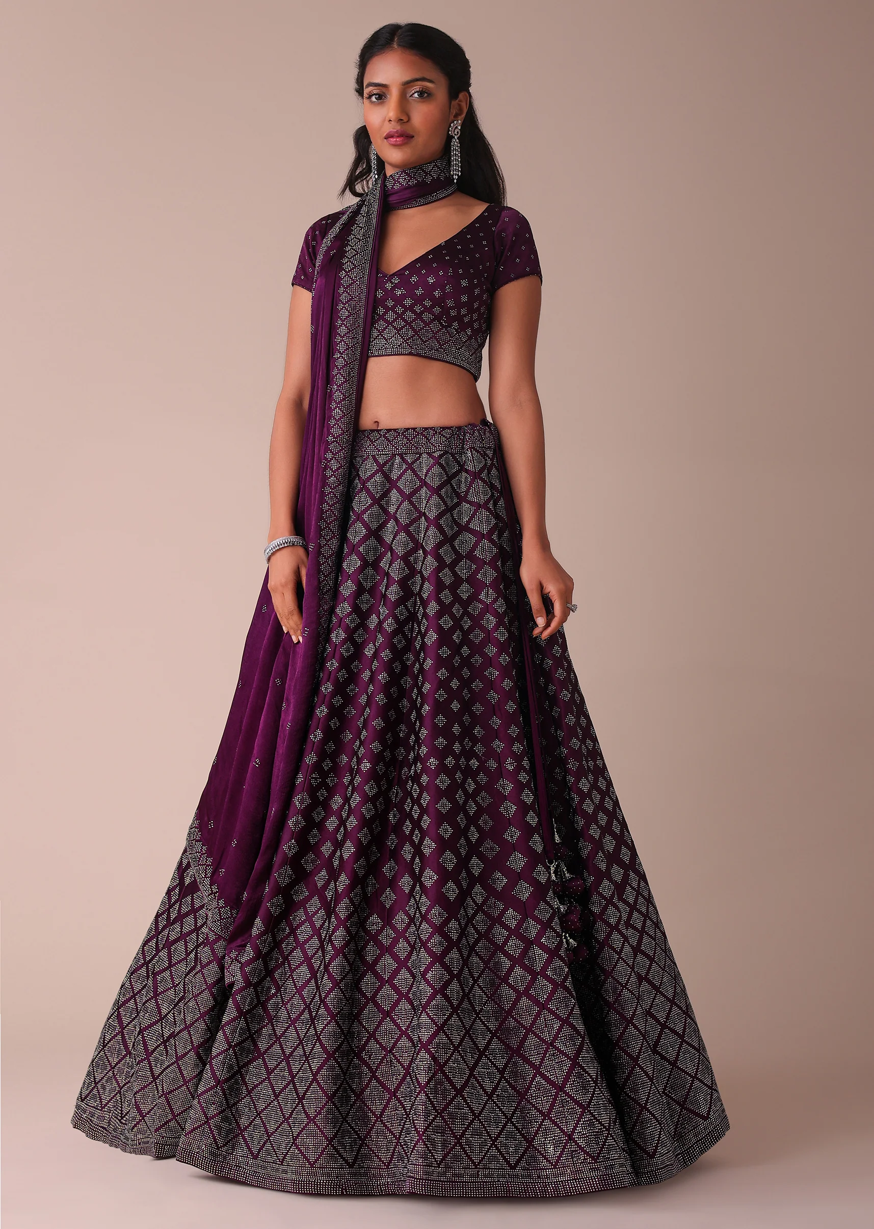 Plum Purple Swarovski Embellished Lehenga In Wrinkle Satin - Image 4