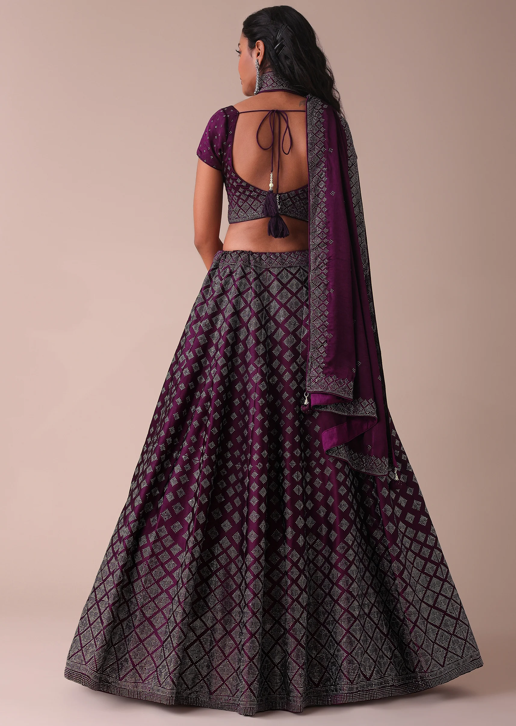 Plum Purple Swarovski Embellished Lehenga In Wrinkle Satin - Image 5