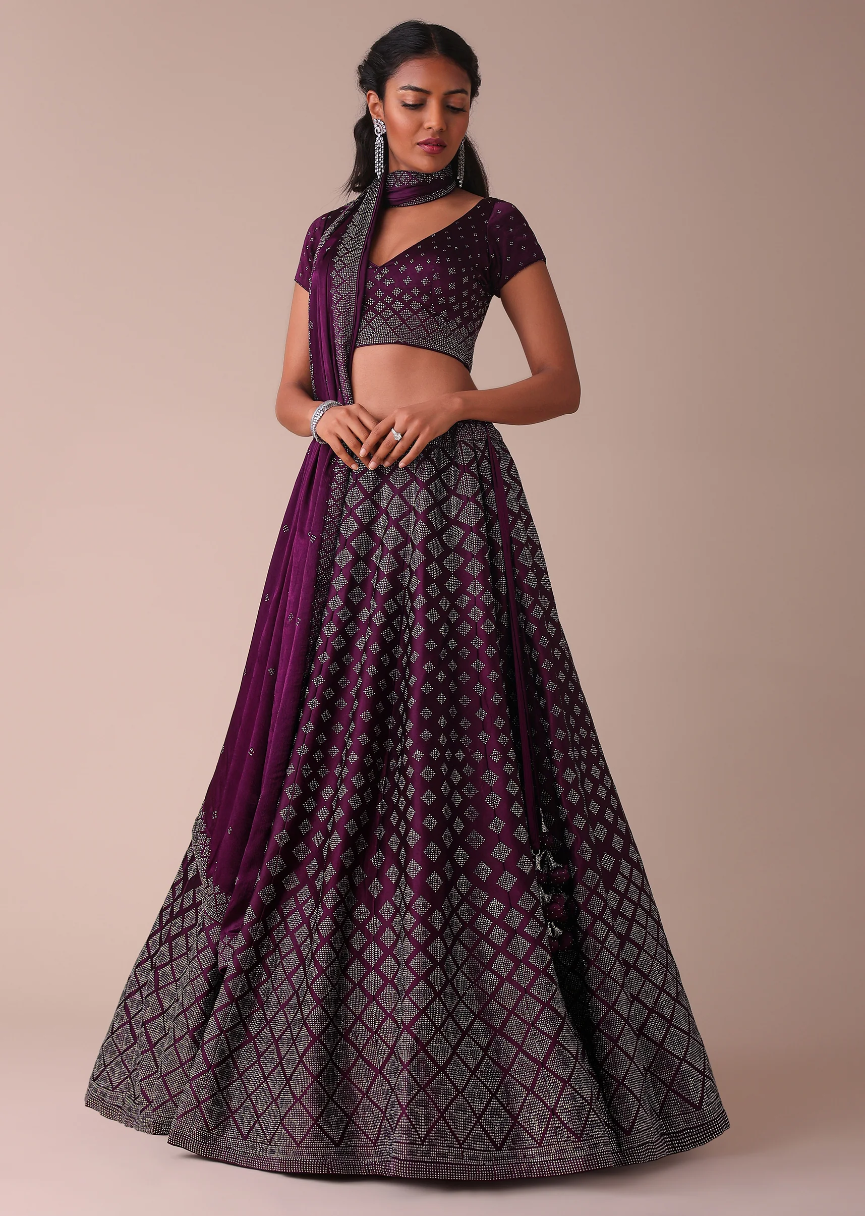 Plum Purple Swarovski Embellished Lehenga In Wrinkle Satin - Image 6