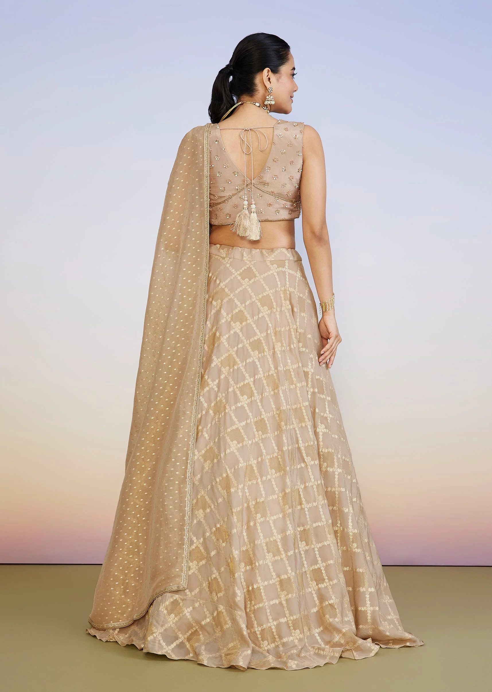 Gold And Blush Pink Organza Banarasi Lehenga - Image 2