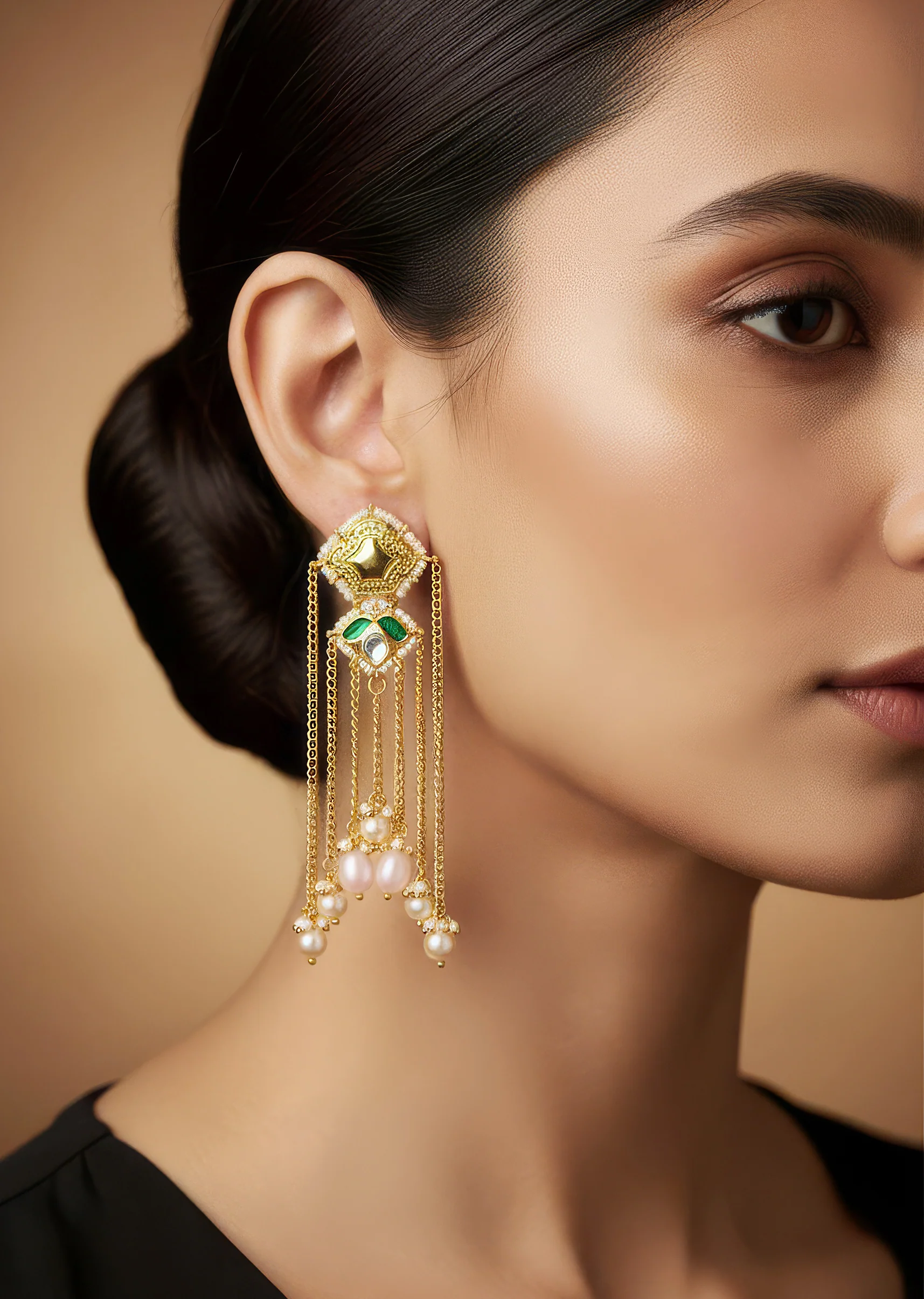 Gold and Green Anti Tarnish Kundan Earrings with CZ Diamond
