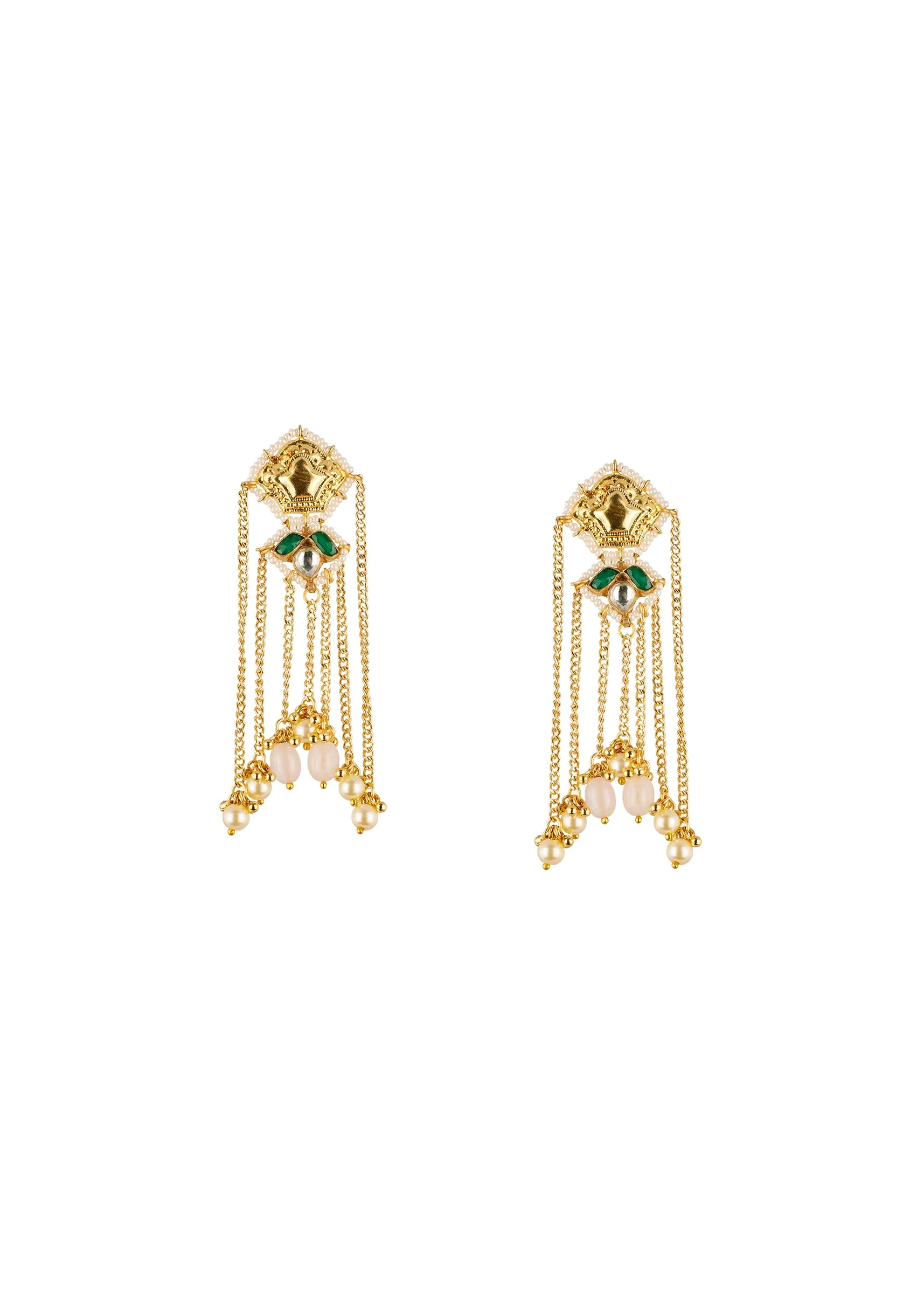 Gold and Green Anti Tarnish Kundan Earrings with CZ Diamond - Image 2