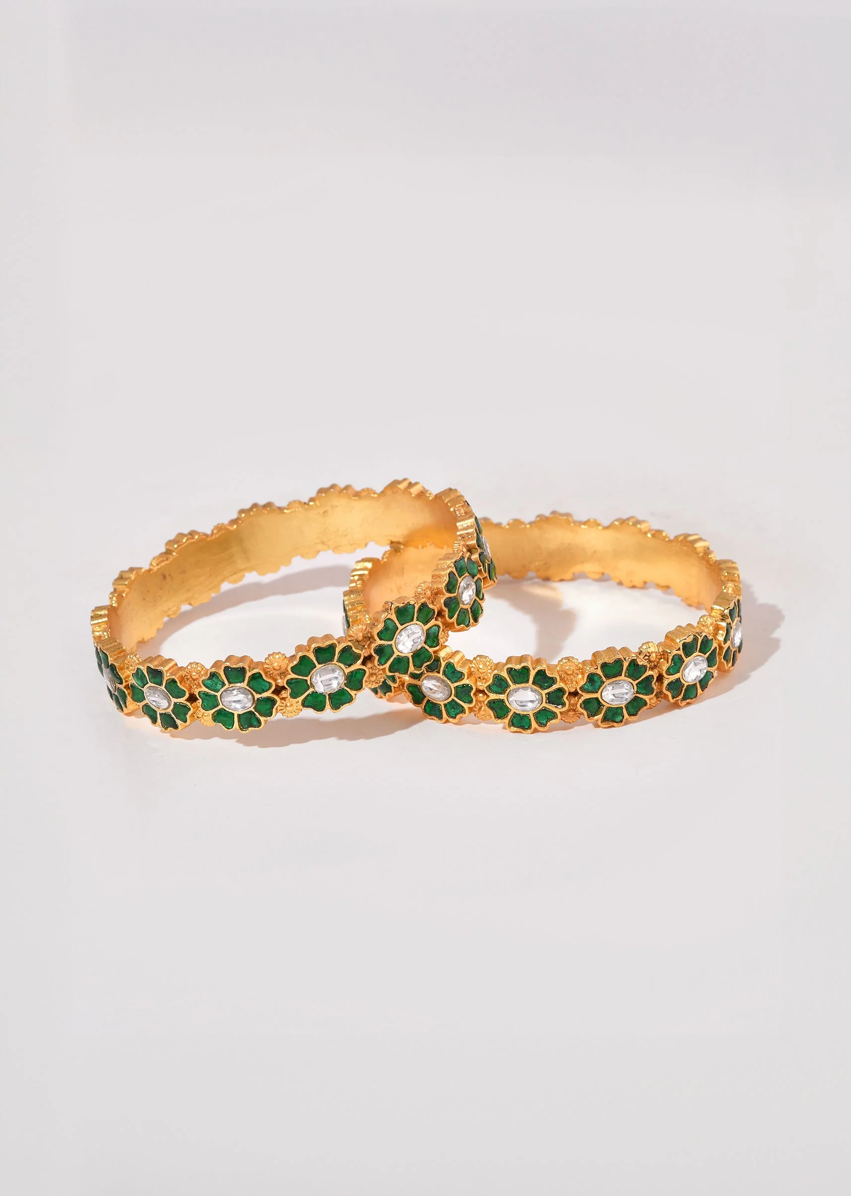 Gold and Green Floral Motif Kundan Bangle Set of Two - Image 2