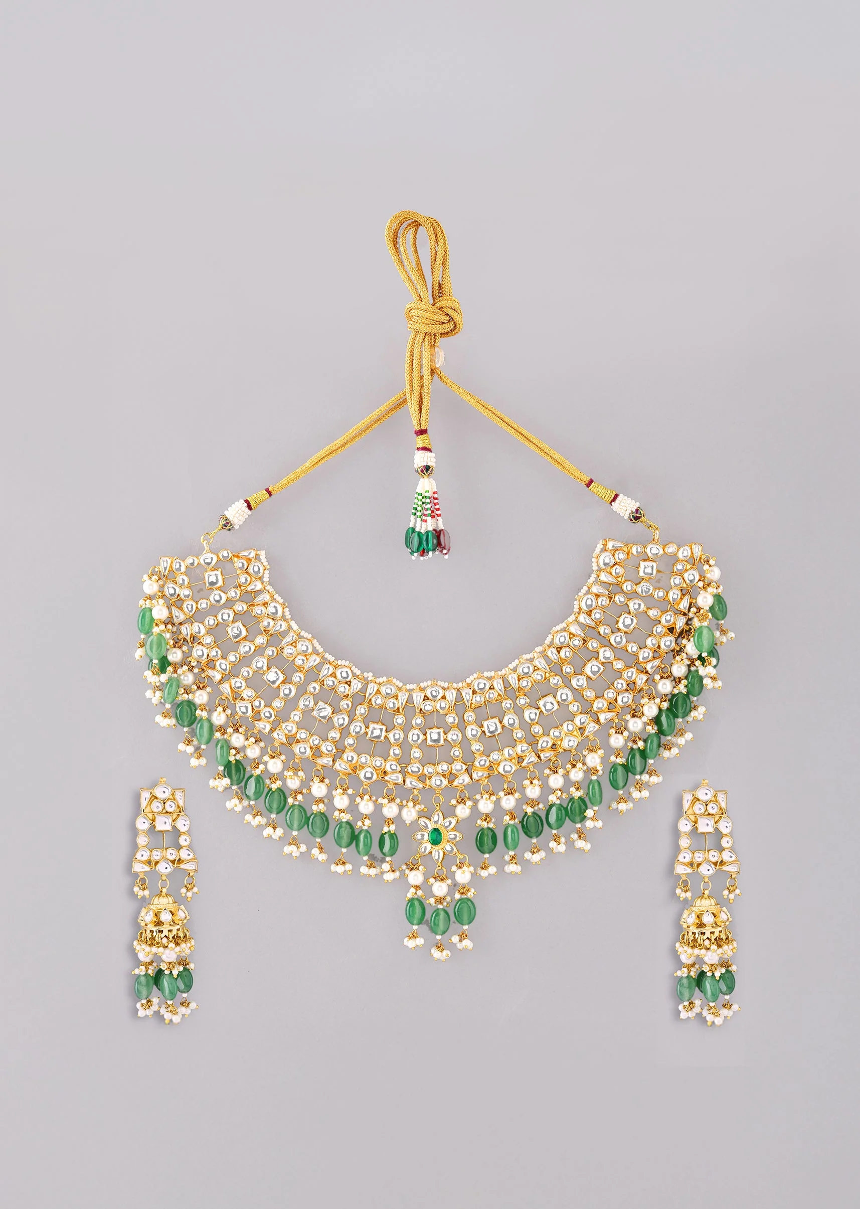 Gold and Green Kundan Necklace and Earrings Set - Image 2