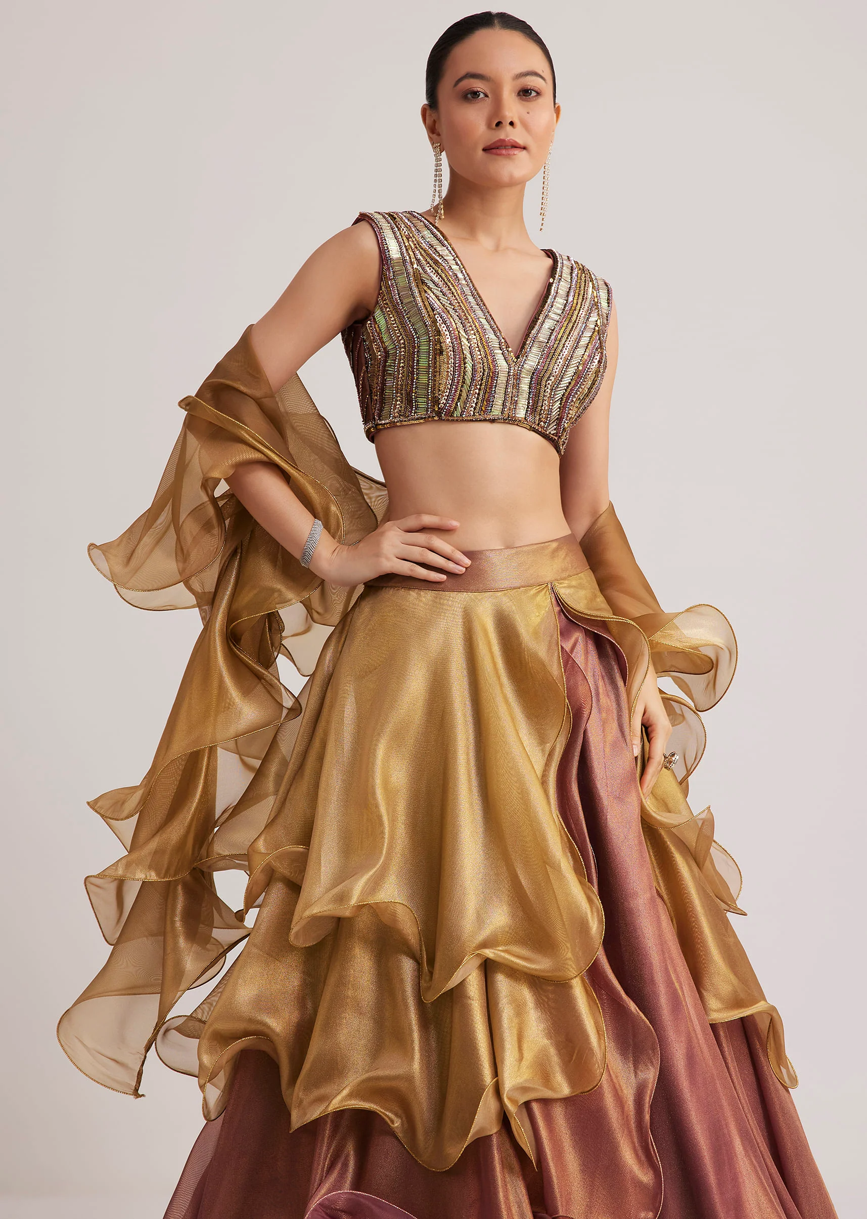 Gold And Mauve Organza Embellished Lehenga Set - Image 4