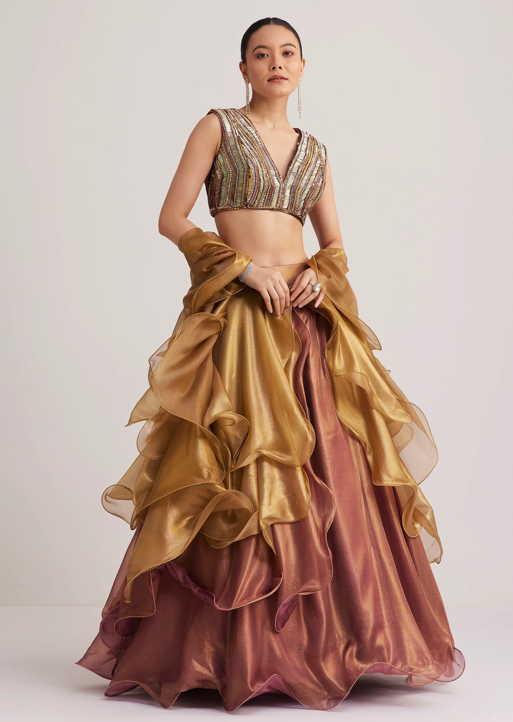 Gold And Mauve Organza Embellished Lehenga Set - Image 5