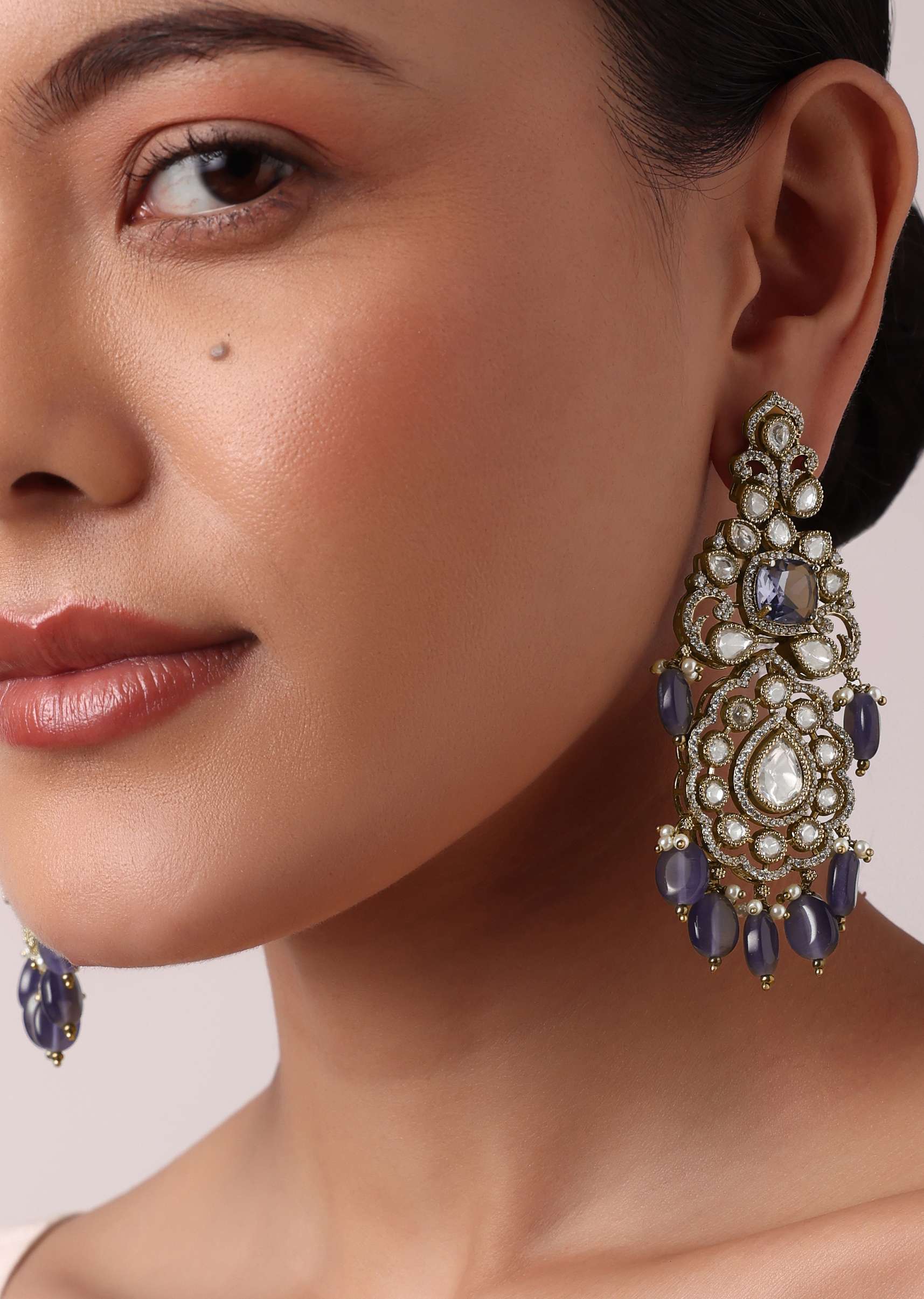 Gold And Purple Tone Kundan Danglers - Image 4
