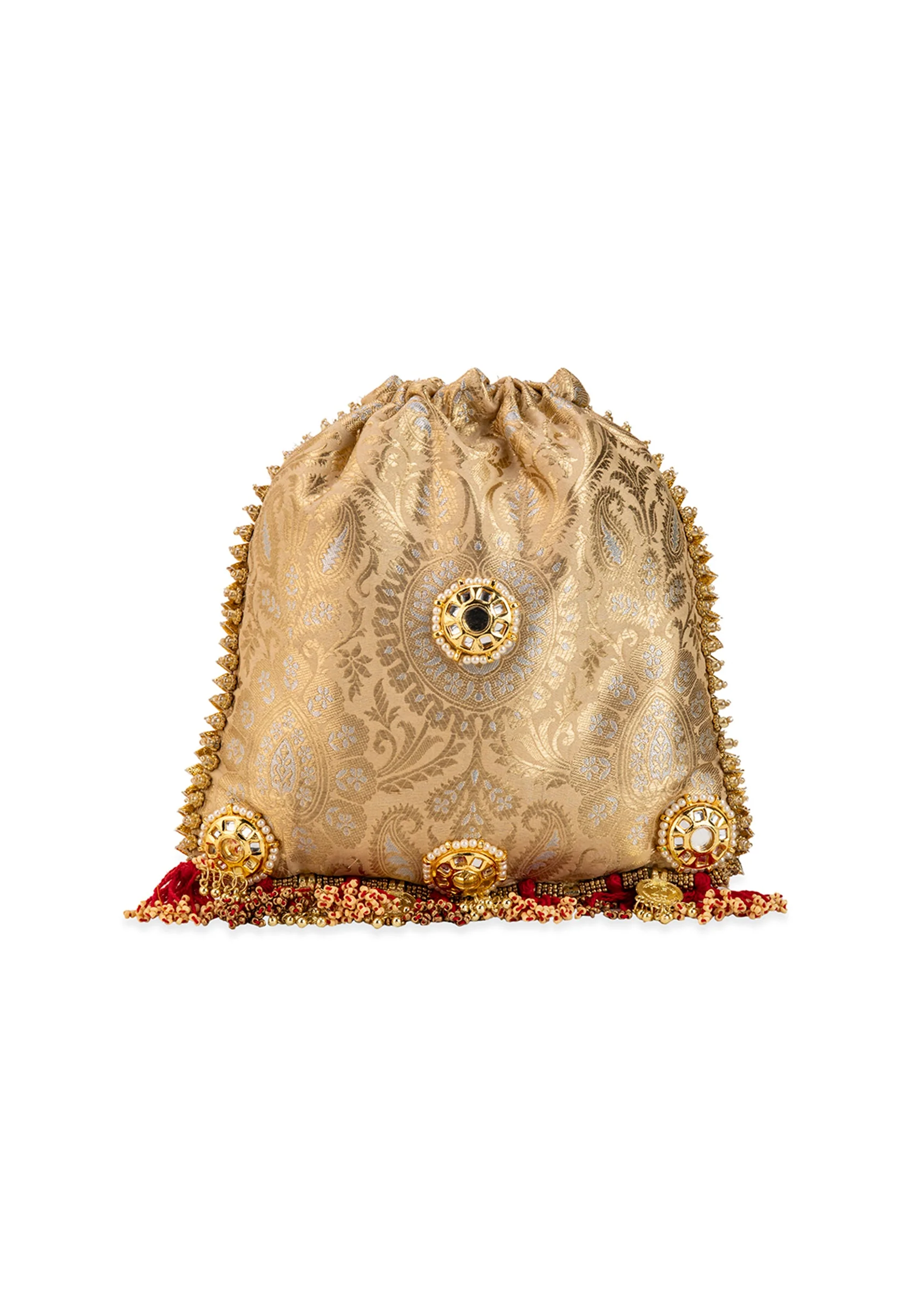 Gold and Red Floral Motif Kundan Embellished Potli Bag - Image 3