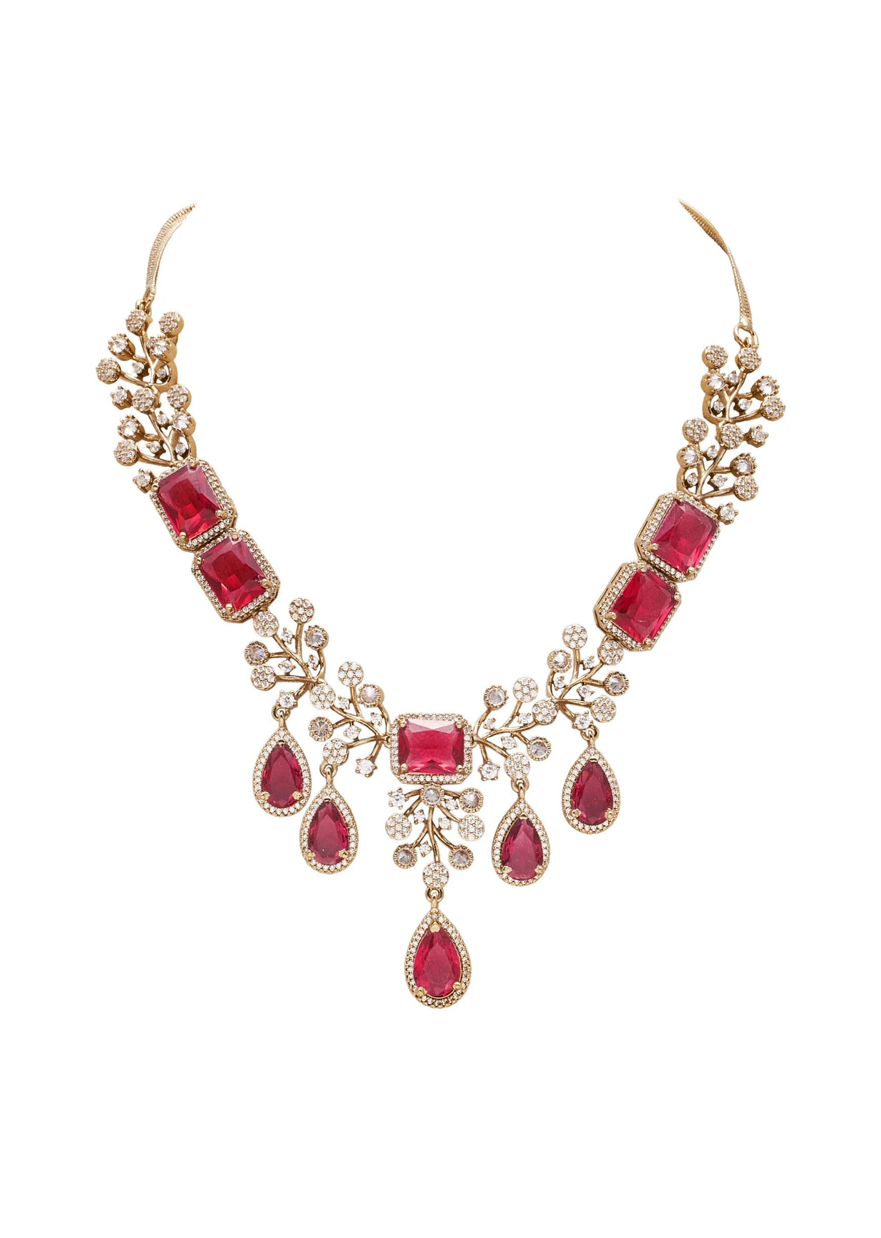 Gold And Red Stone Embellished Geometric Pendant Necklace Set - Image 3