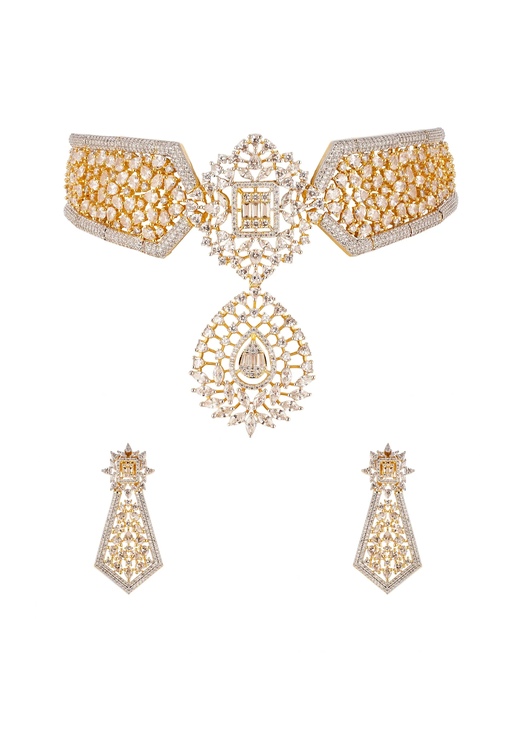 Gold and Silver Anti Tarnish Rhodium Plated Long Pendant Necklace Set In Brass with CZ Diamonds