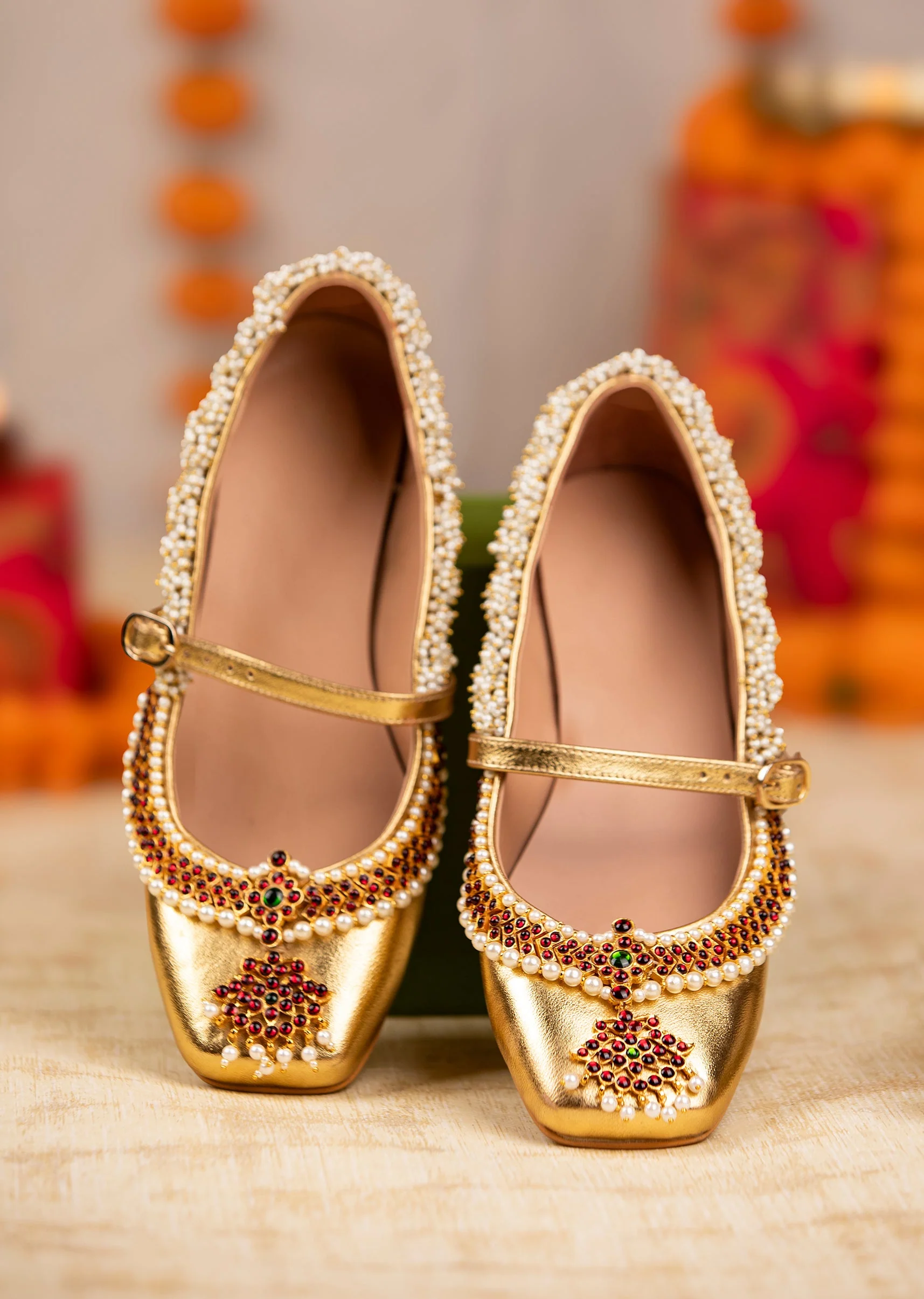Gold Antique Bead and Crystal Embellished Juttis