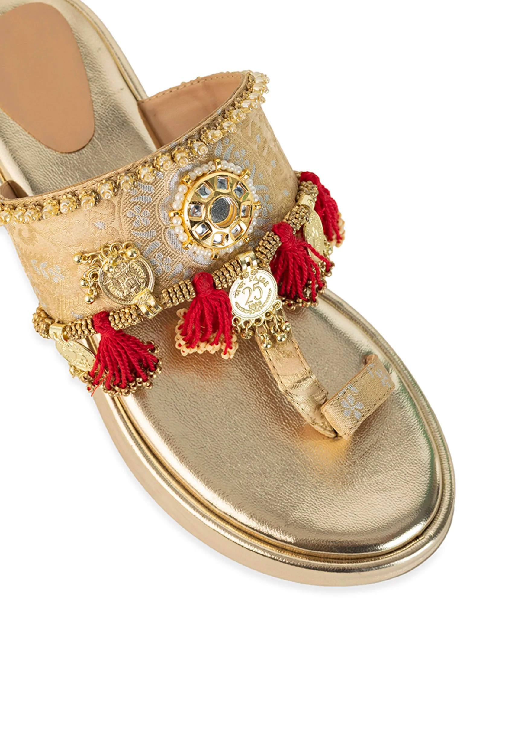 Gold Antique Coin Embellished Tassel Wedges - Image 3
