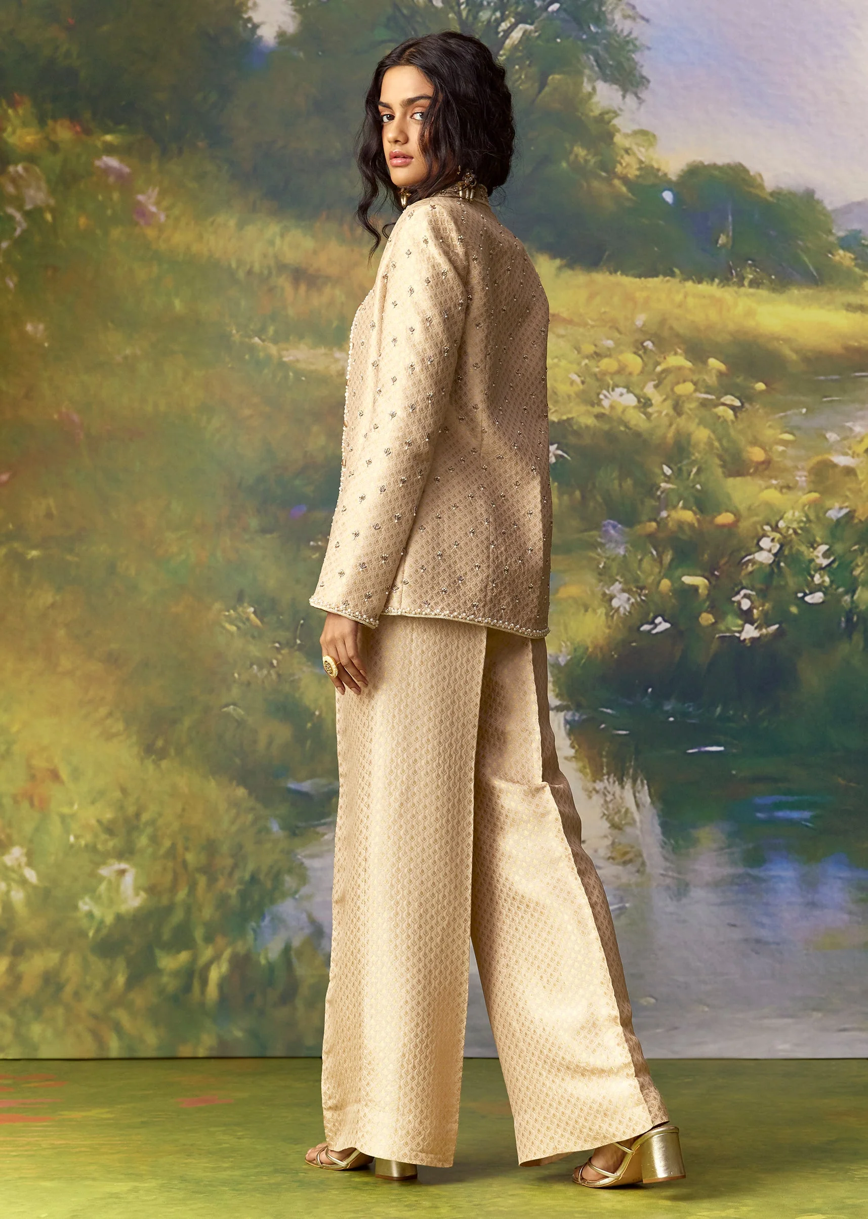 Gold Banarasi Silk Jacket and Pant Set - Image 2