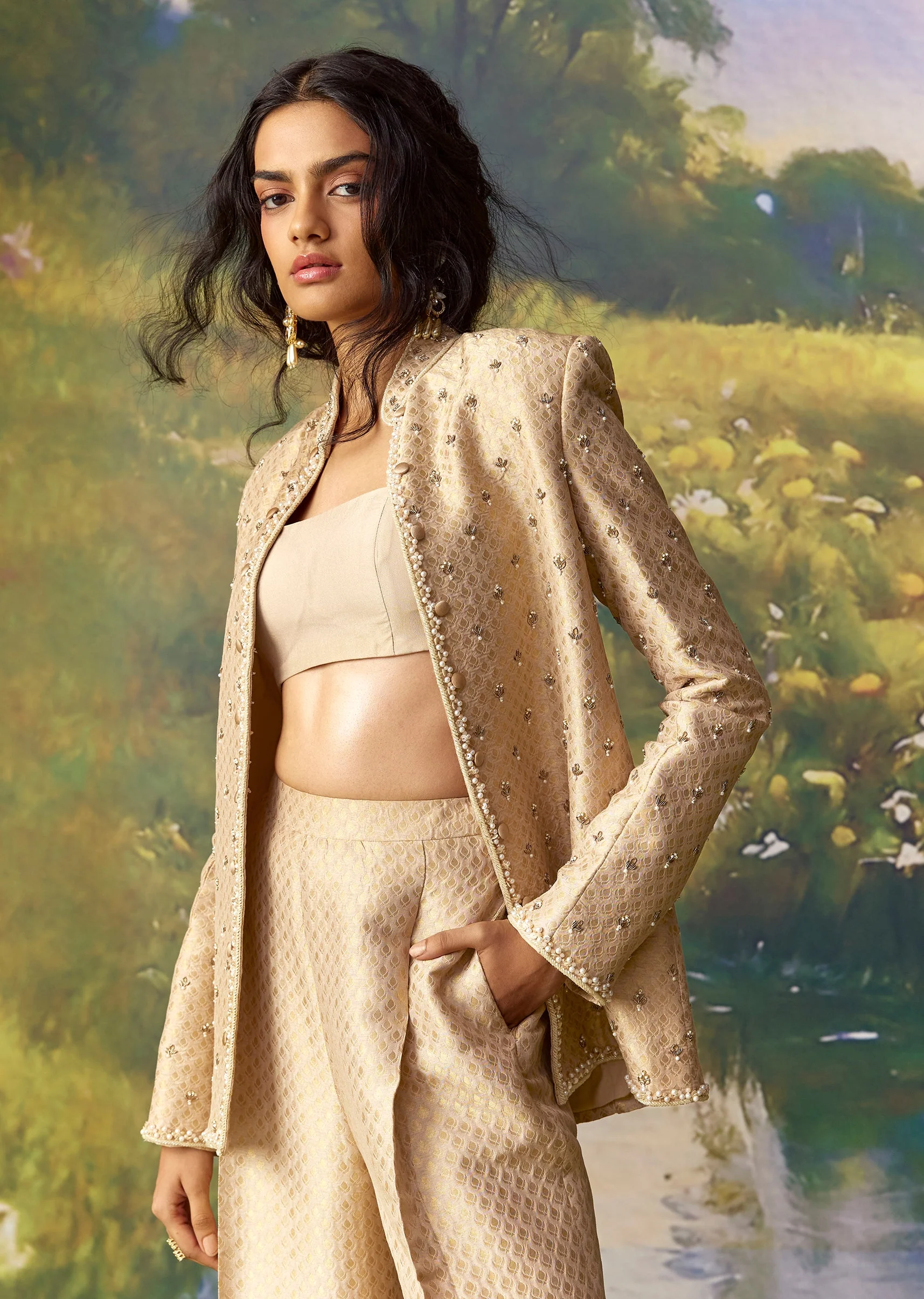 Gold Banarasi Silk Jacket and Pant Set - Image 5
